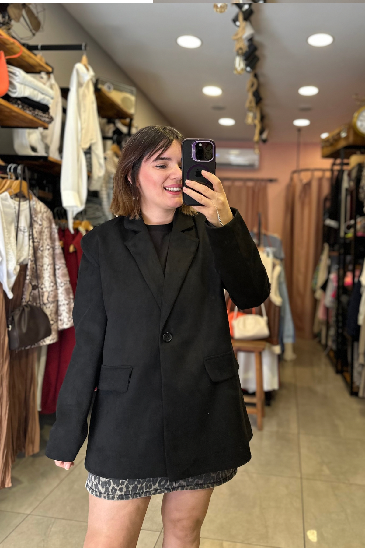 Nubuk Tek Düğme Blazer Ceket - SİYAH