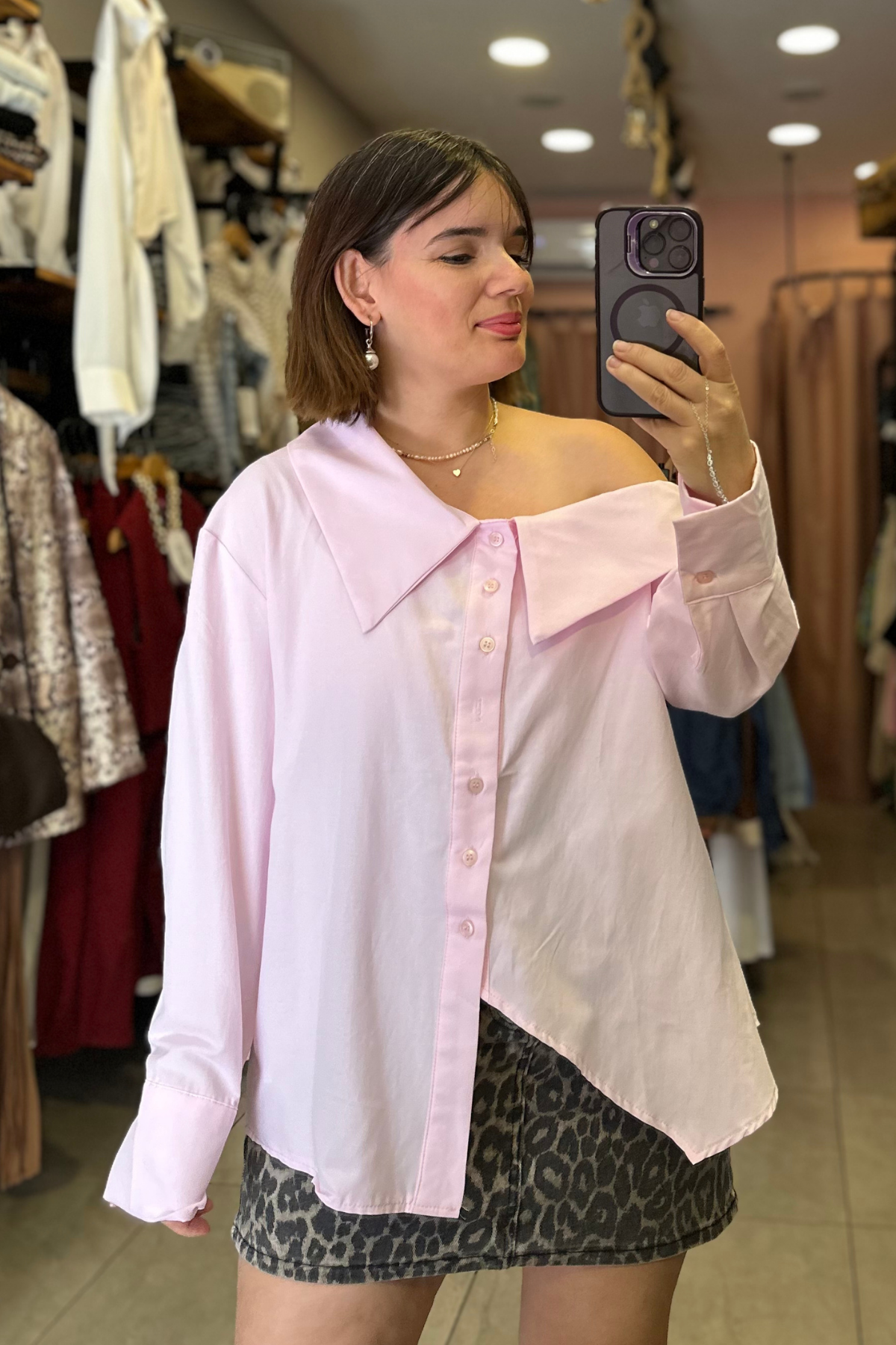 Omuz Dekolteli Bebe Yaka Tasarım Poplin Gömlek - Pembe