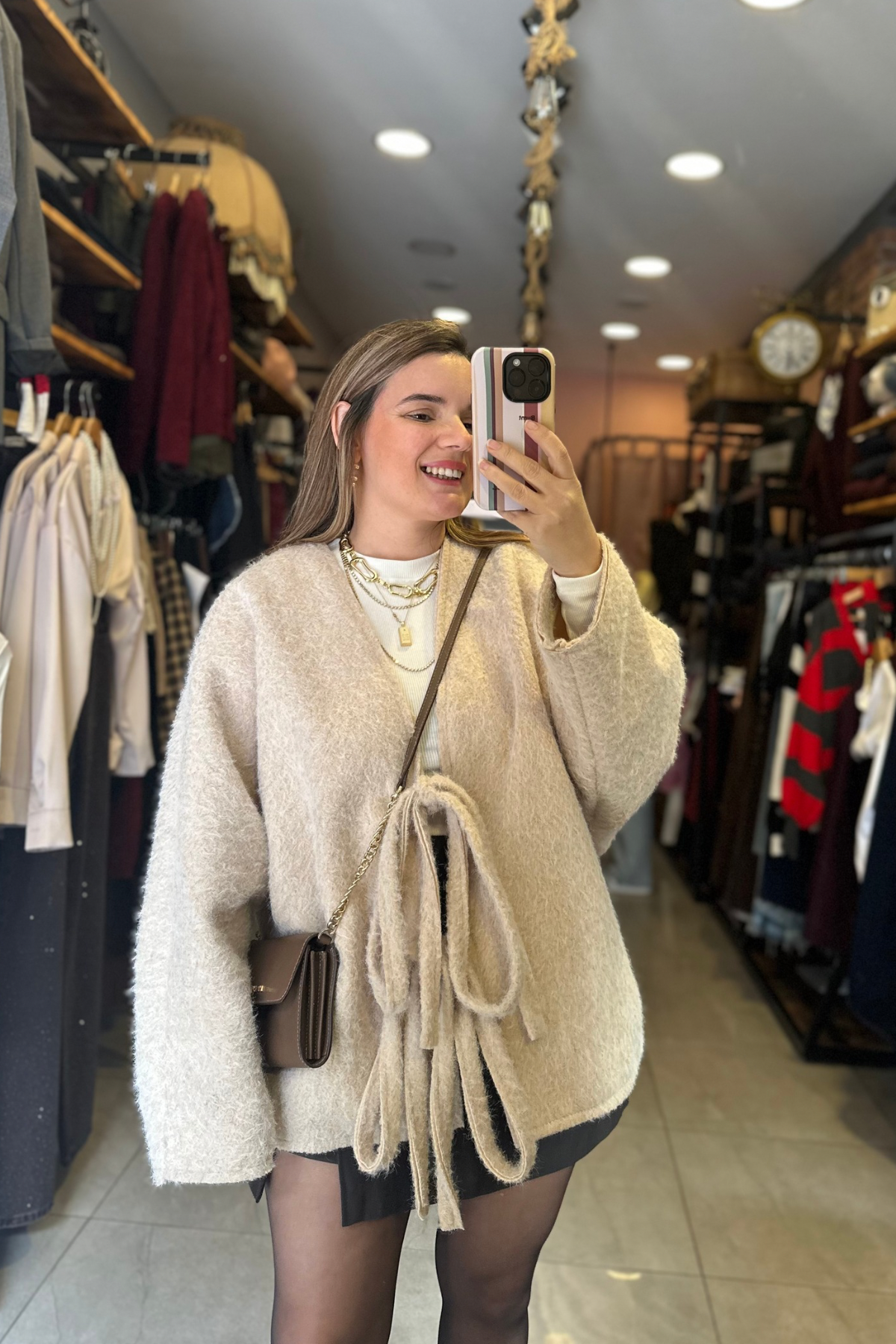 Önden Bağlamalı Kırcıllı Ceket - Bej