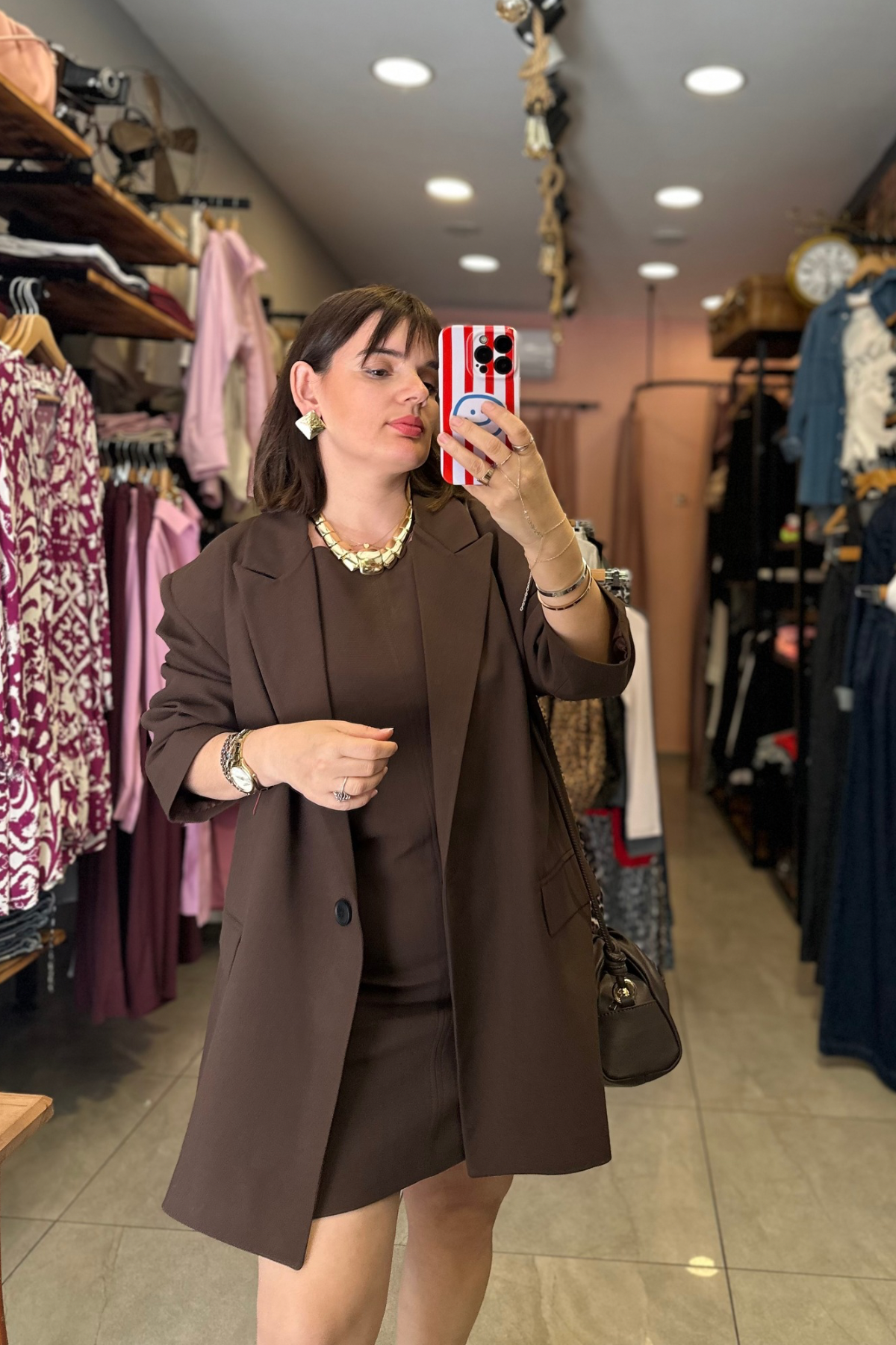 Oversize Ceket Askılı Kısa Elbise Takım - Kahverengi