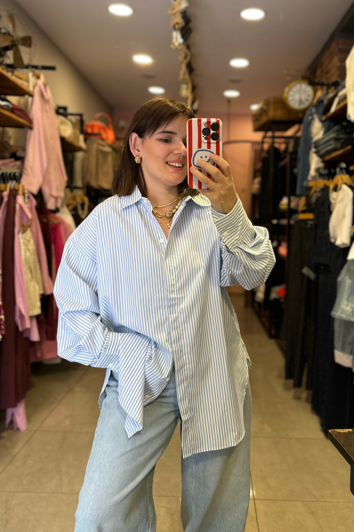 Oversize Çizgili Tensel Kumaş Gömlek - Mavi