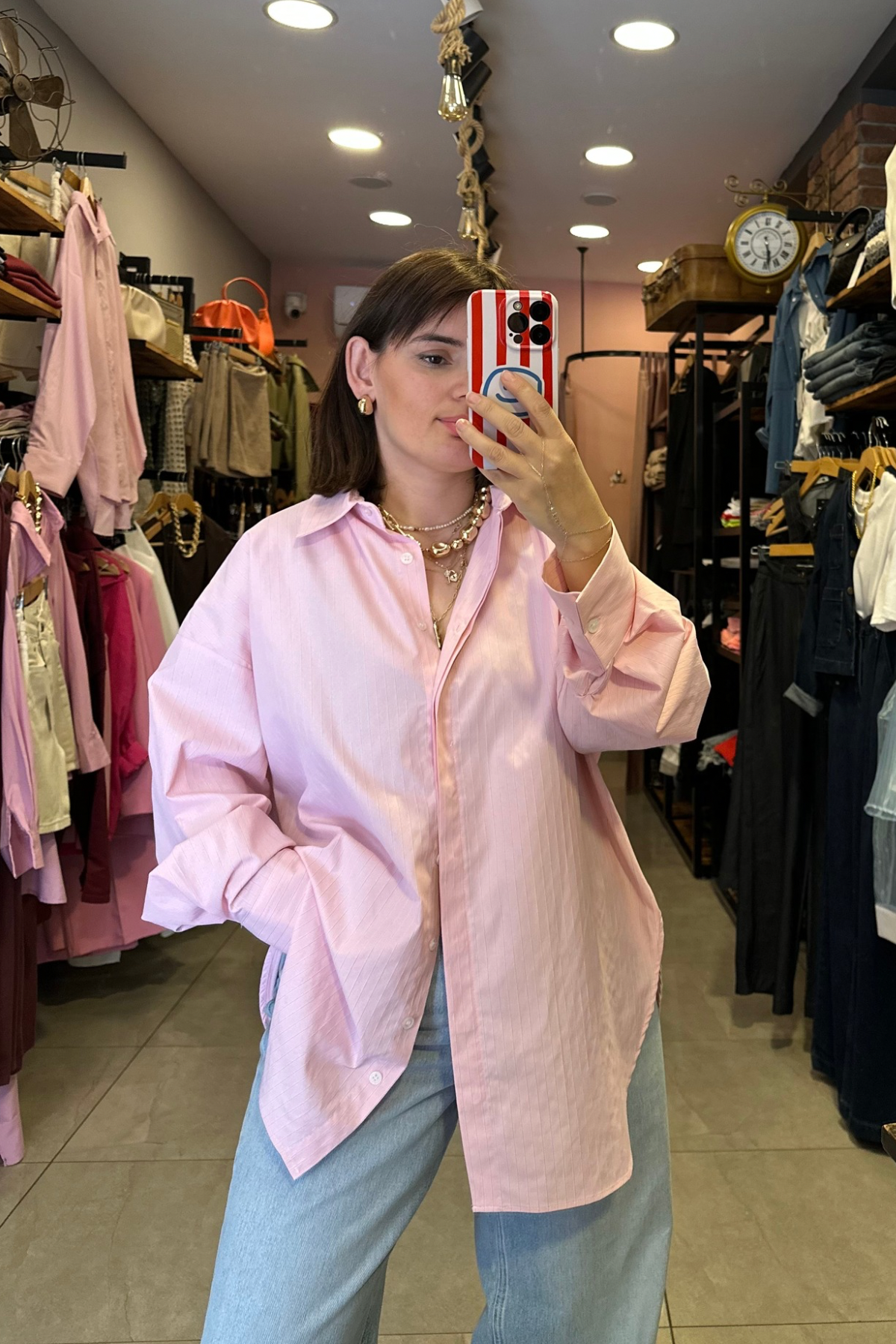Oversize Çizgili Tensel Kumaş Gömlek - Pembe 