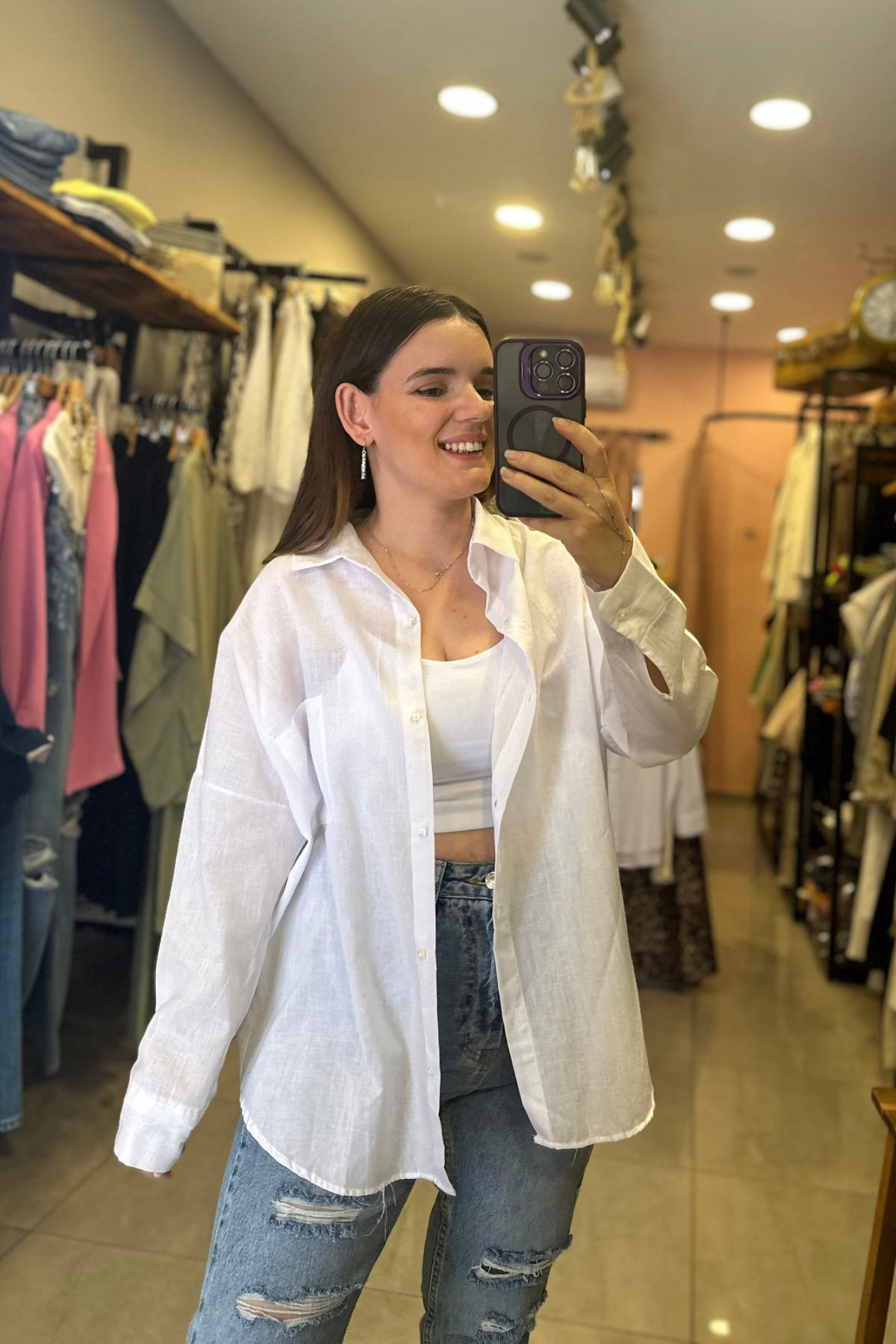 Oversize Kesim Tek Cep Keten Gömlek (beyaz)