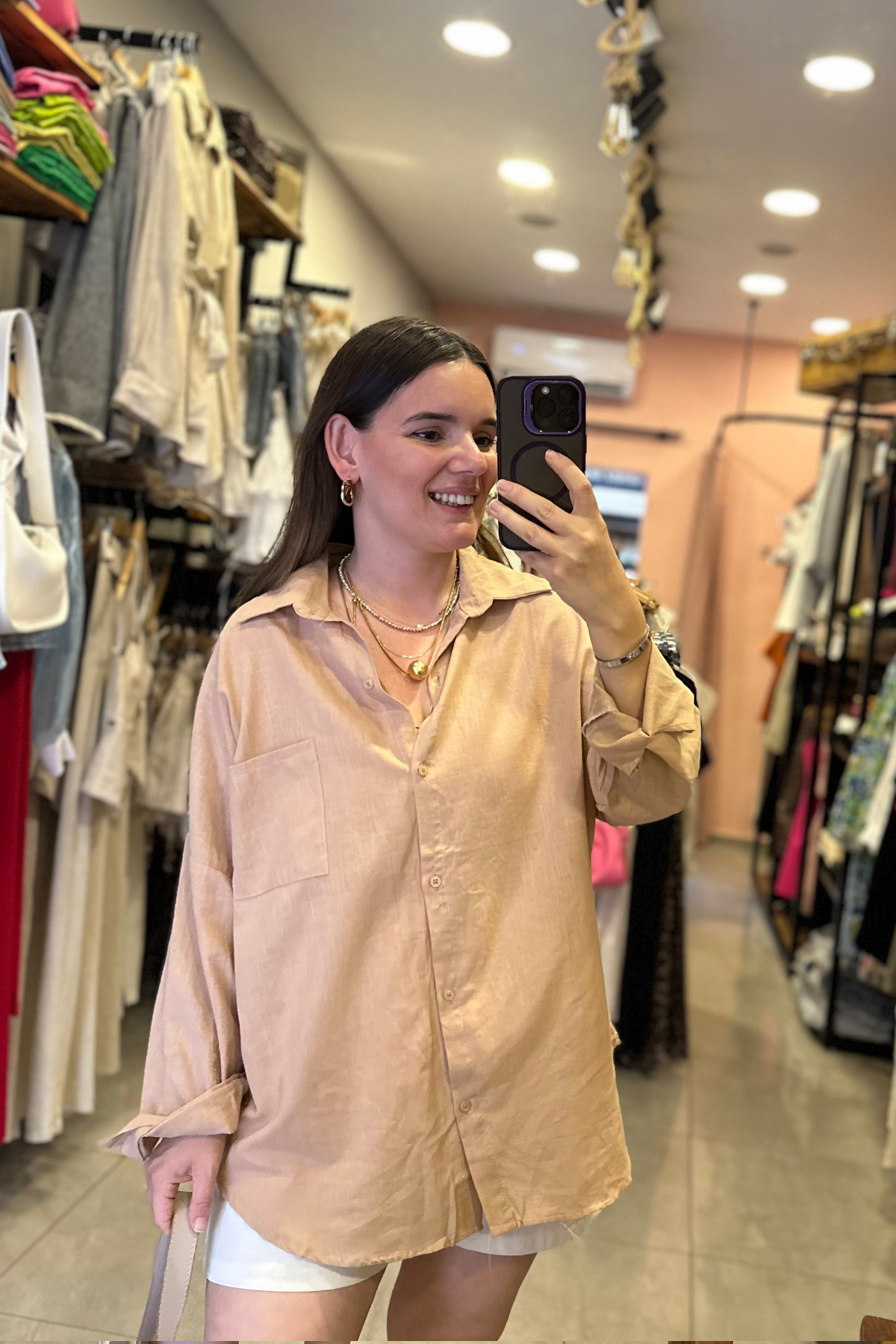 Oversize Kesim Tek Cep Keten Gömlek (bej)