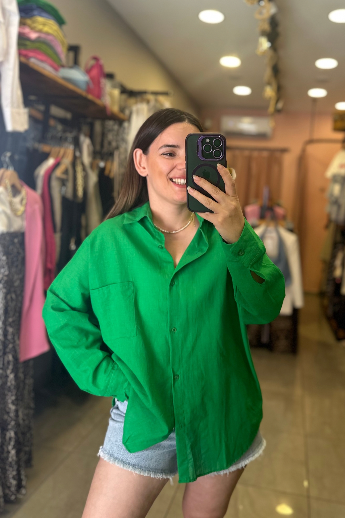 Oversize Kesim Tek Cep Keten Gömlek (BENETTON)