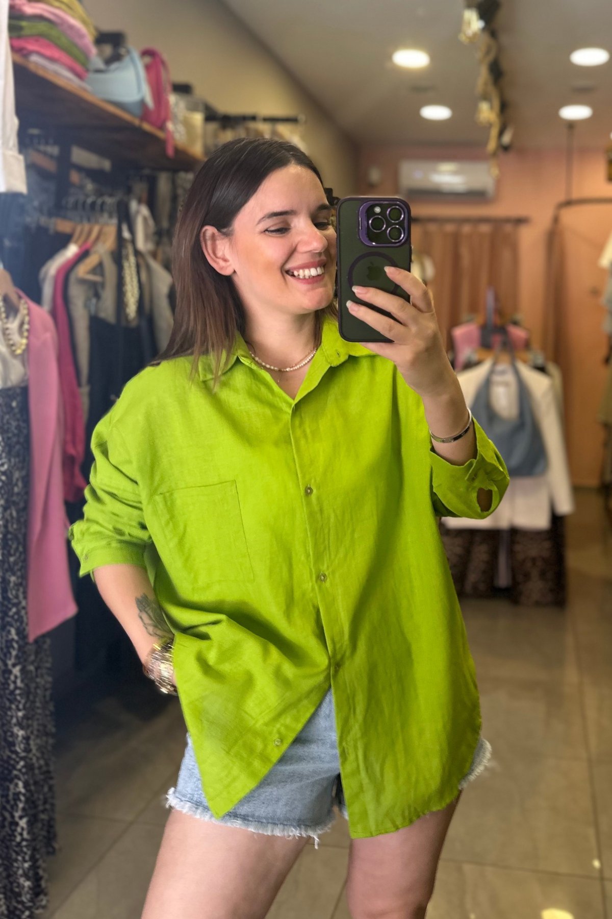 Oversize Kesim Tek Cep Keten Gömlek (FISTIK YEŞİLİ)