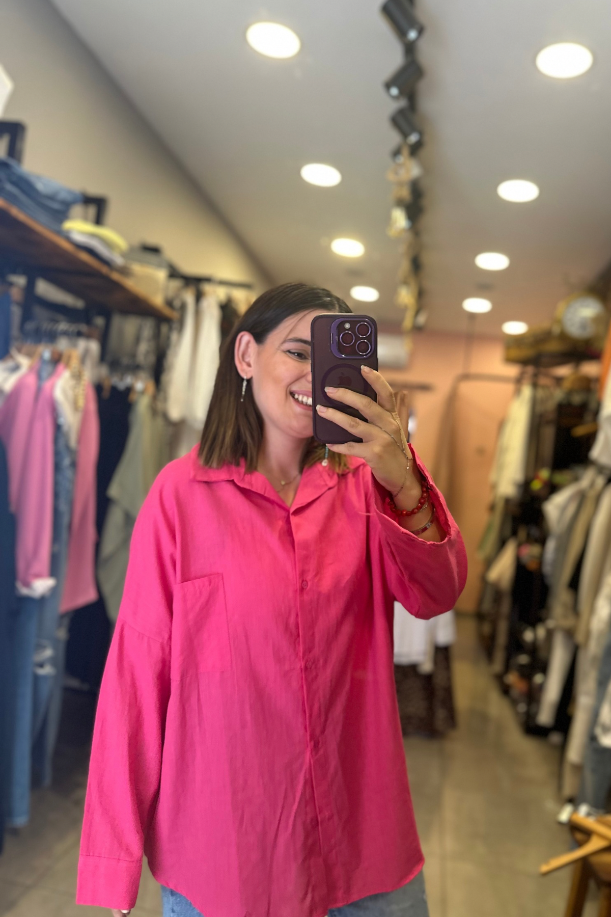 Oversize Kesim Tek Cep Keten Gömlek (fuşya)