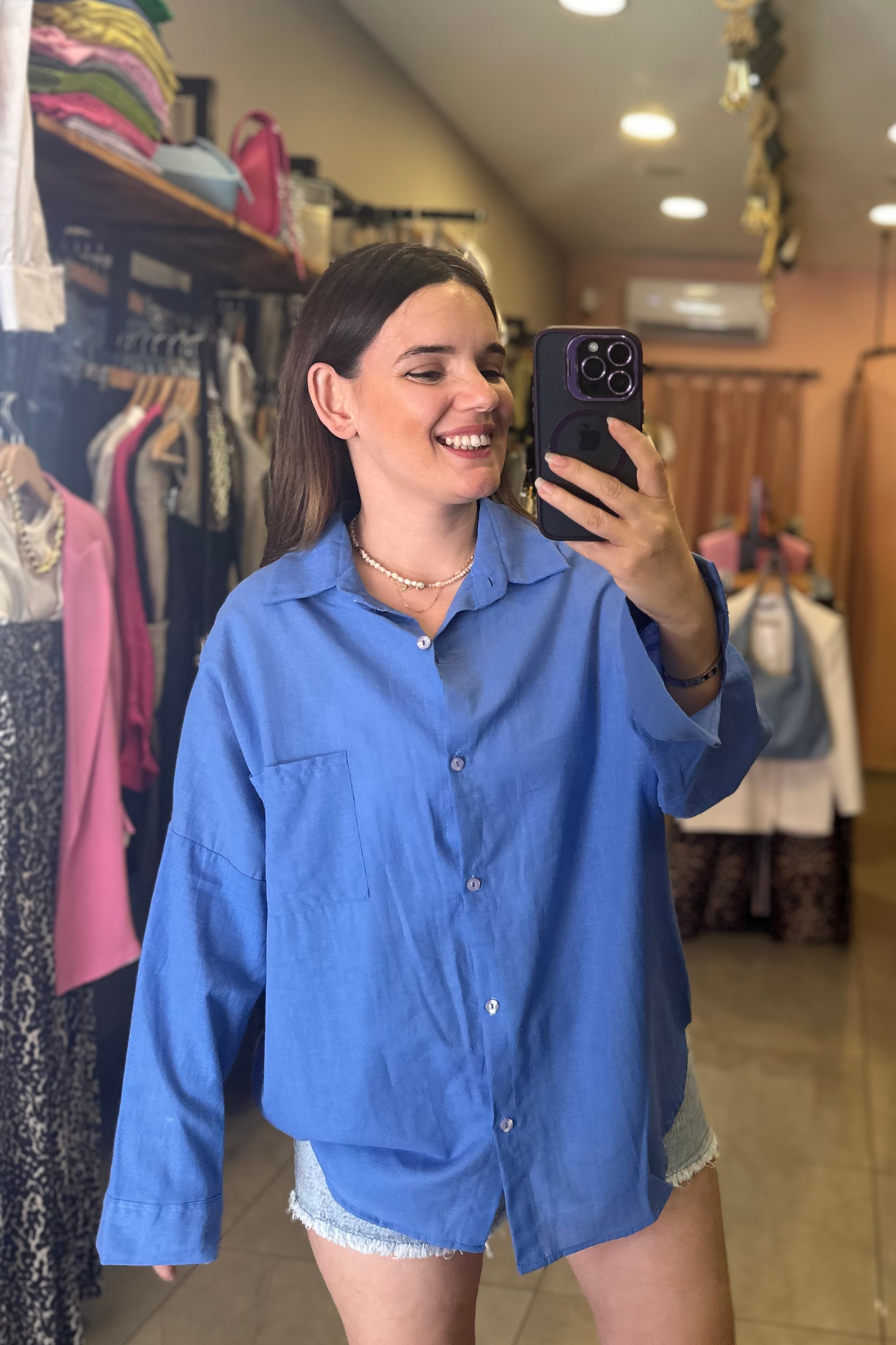 Oversize Kesim Tek Cep Keten Gömlek (İNDİGO MAVİ)