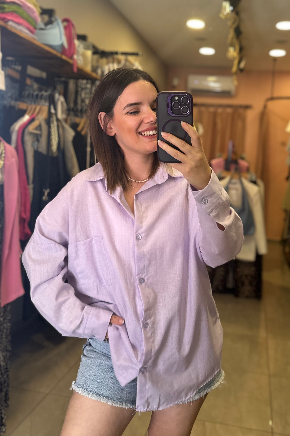 Oversize Kesim Tek Cep Keten Gömlek (LİLA)