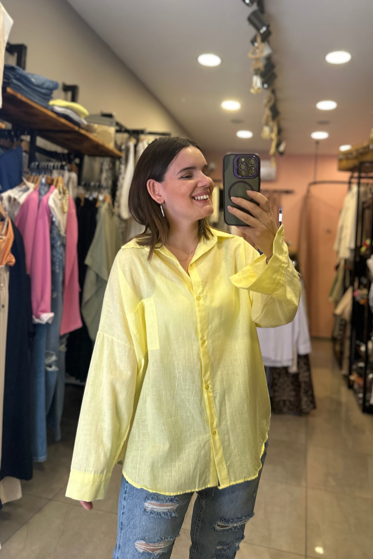 Oversize Kesim Tek Cep Keten Gömlek (sarı)