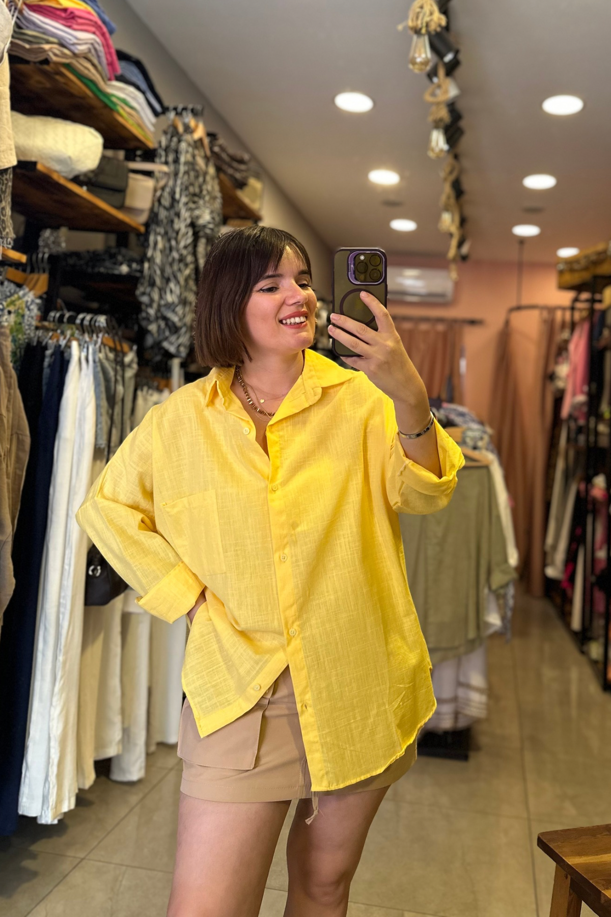 Oversize Kesim Tek Cep Keten Gömlek (sarı)