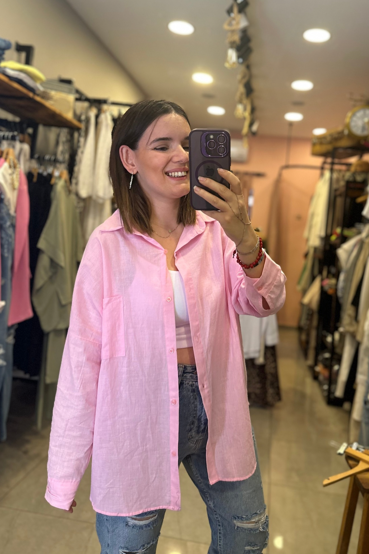 Oversize Kesim Tek Cep Keten Gömlek (toz pembe)
