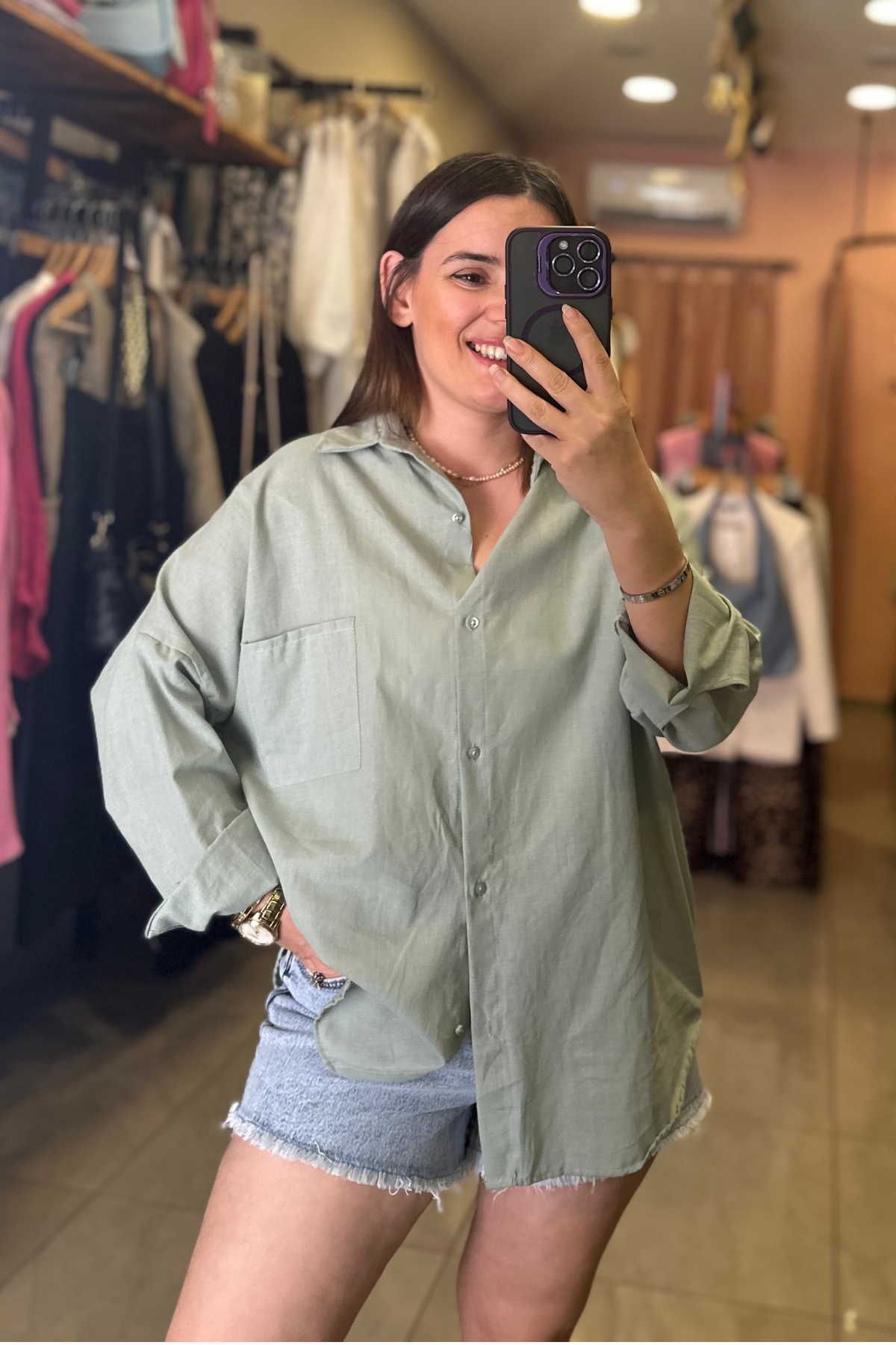 Oversize Kesim Tek Cep Keten Gömlek (YEŞİL)