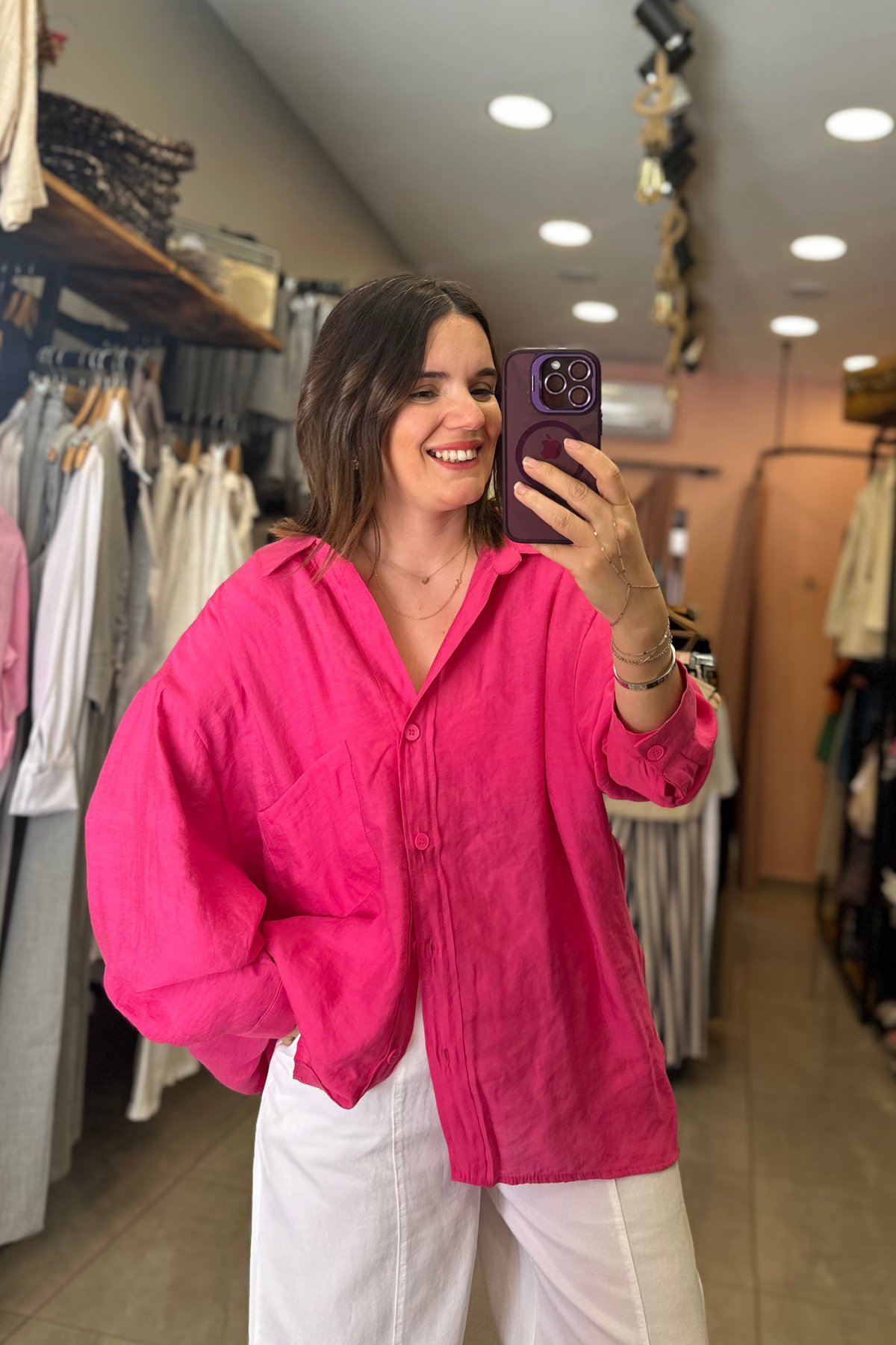 Oversize Kesim Tensel Gömlek (fuşya)