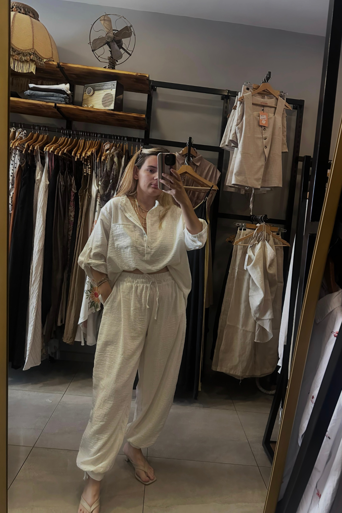 Paça Bağlamalı Keten Bluz Pantolon Takım