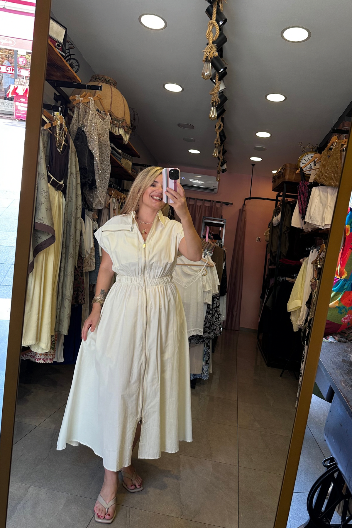 Paraşüt Kumaş Polo Yaka Beli Lastikli Elbise Taş