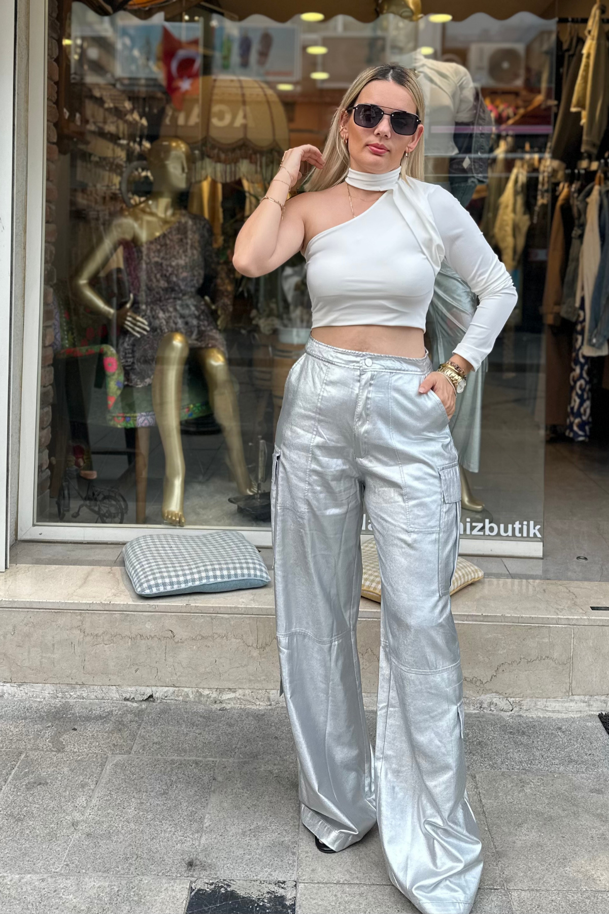 Parlak Gri Kargo pantolon