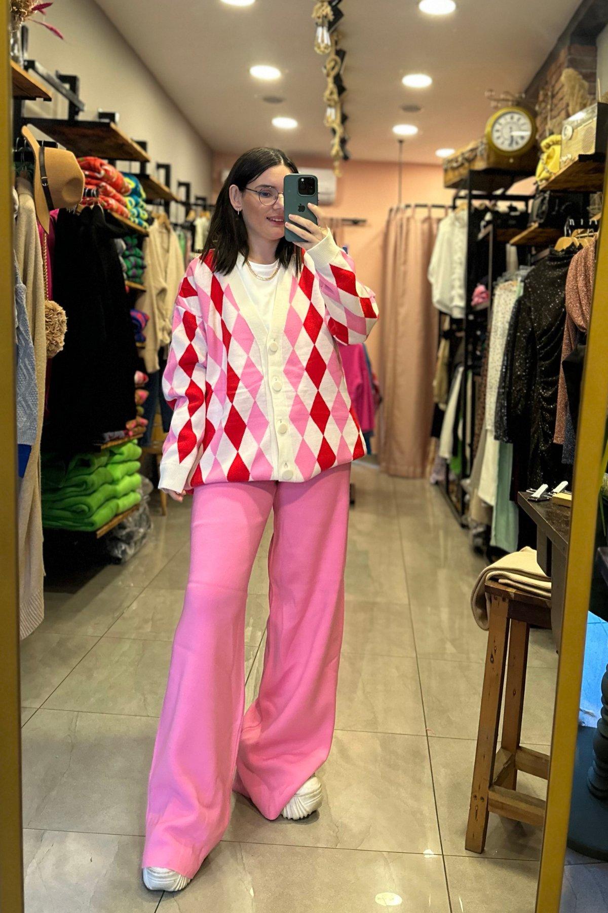 Pembe beli lastikli triko pantolon