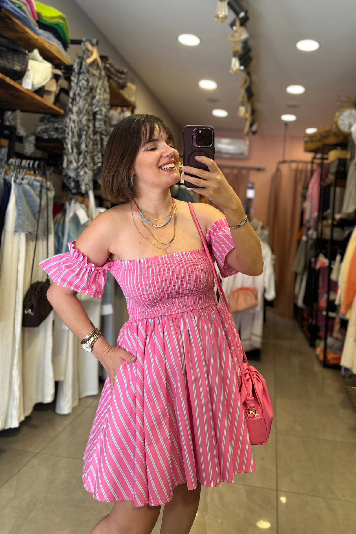 Pembe Çizgili Poplin Kumaş Elbise