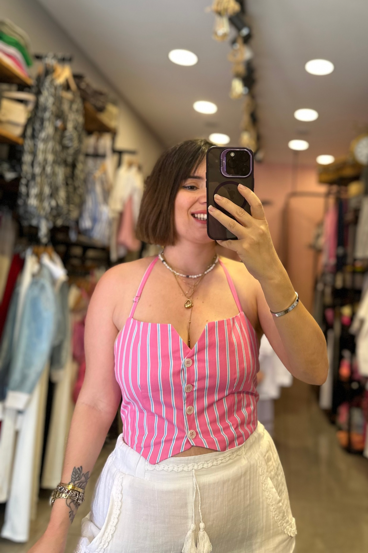 Pembe Mavi Çizgili Büstier Yelek