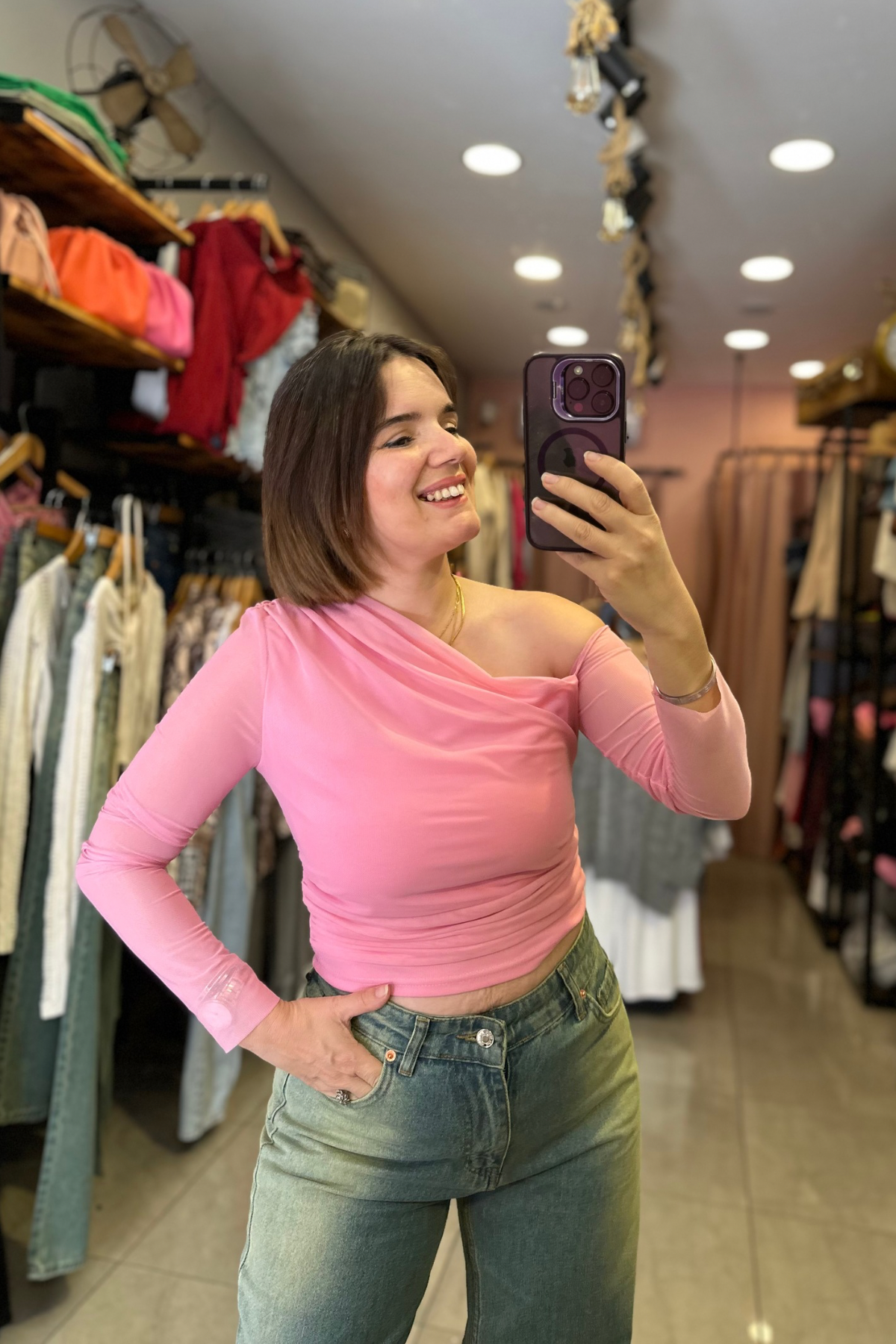 Pembe Tül Asimetrik Yaka Bluz