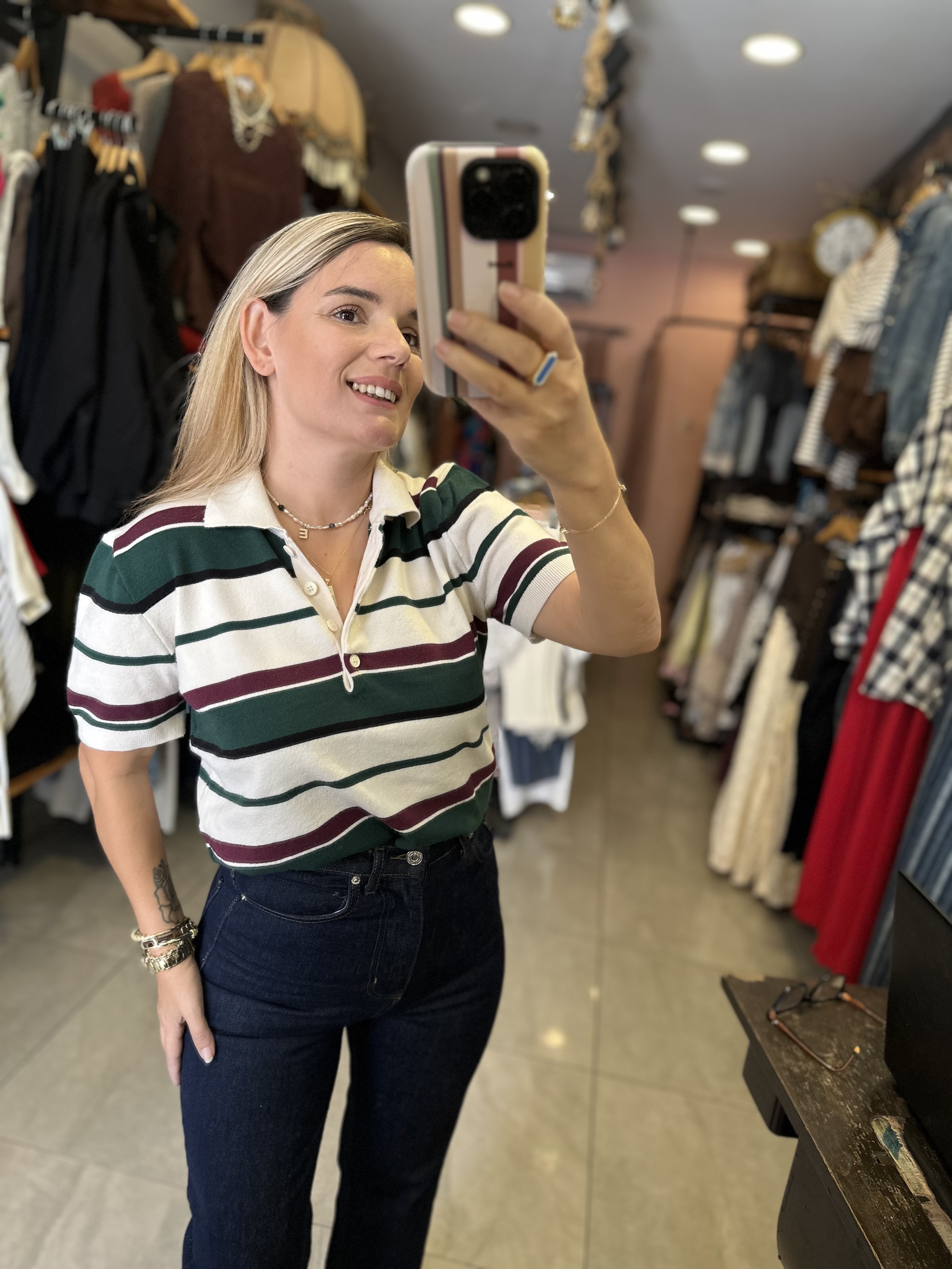 Polo Yaka Çizgili Kısa Kollu Triko