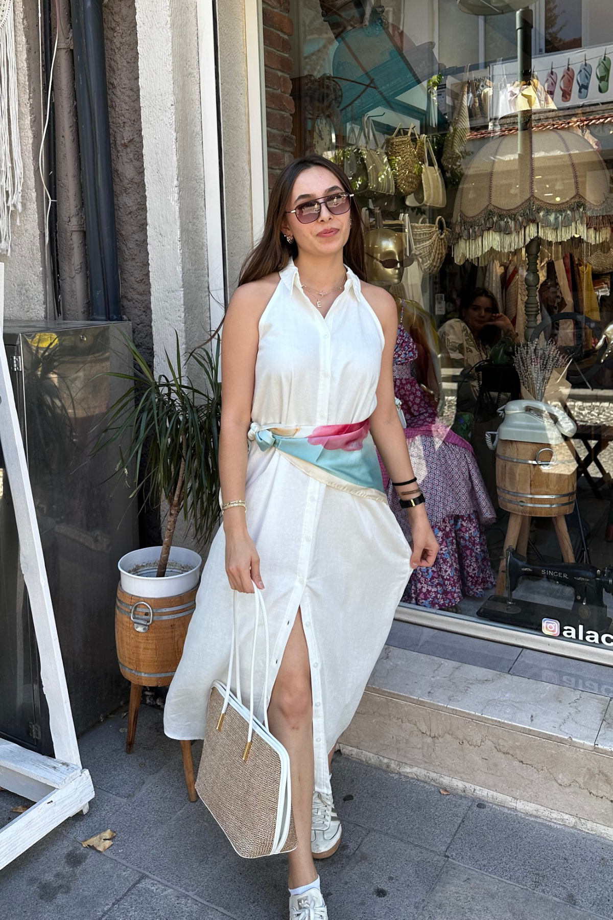 Polo Yaka Keten Gömlek Elbise - beyaz