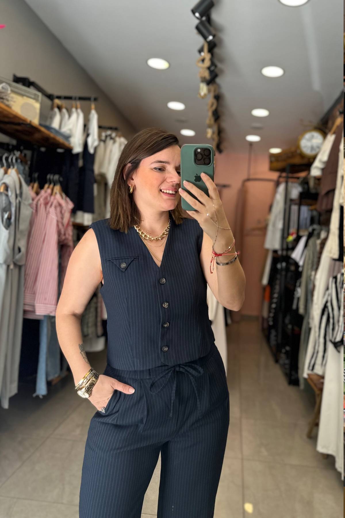 Premium Lacivert Çizgili Yelekli Takım