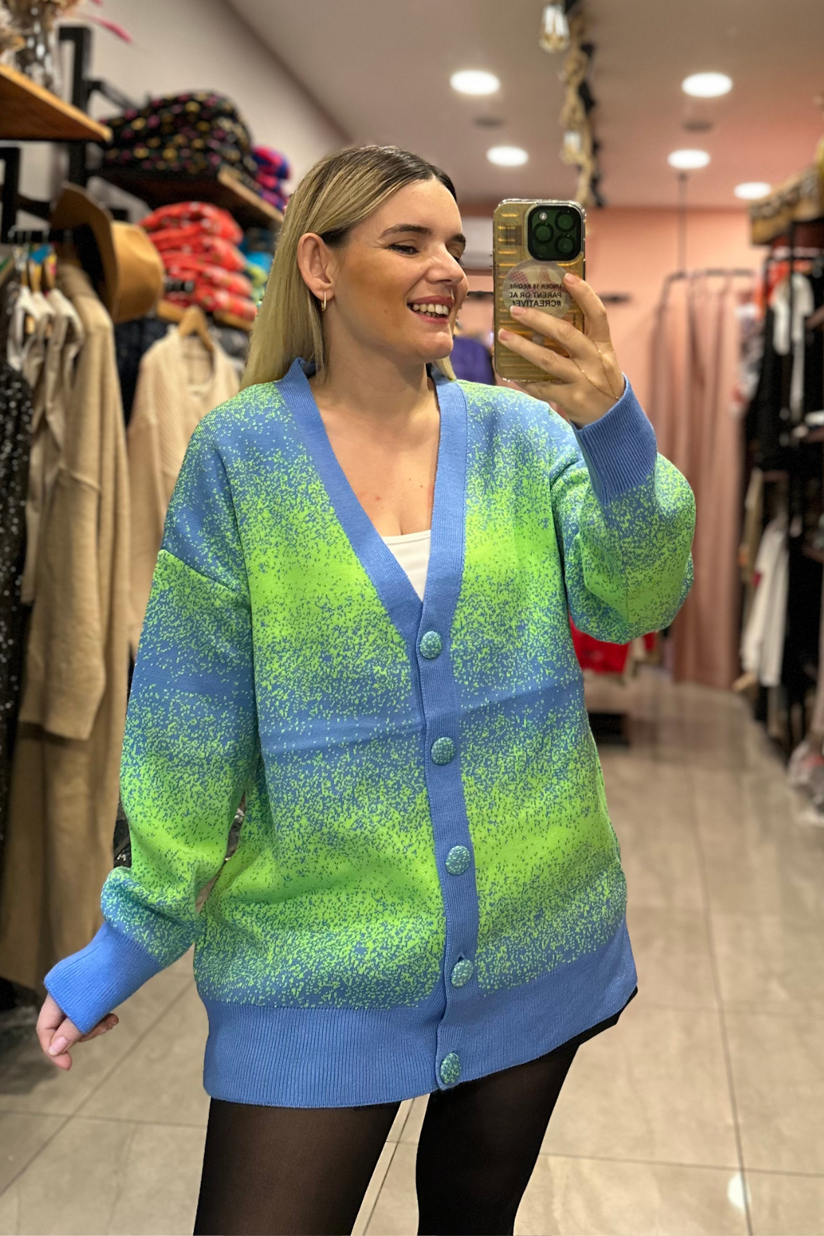 Renkli hırka neon yeşil - mavi