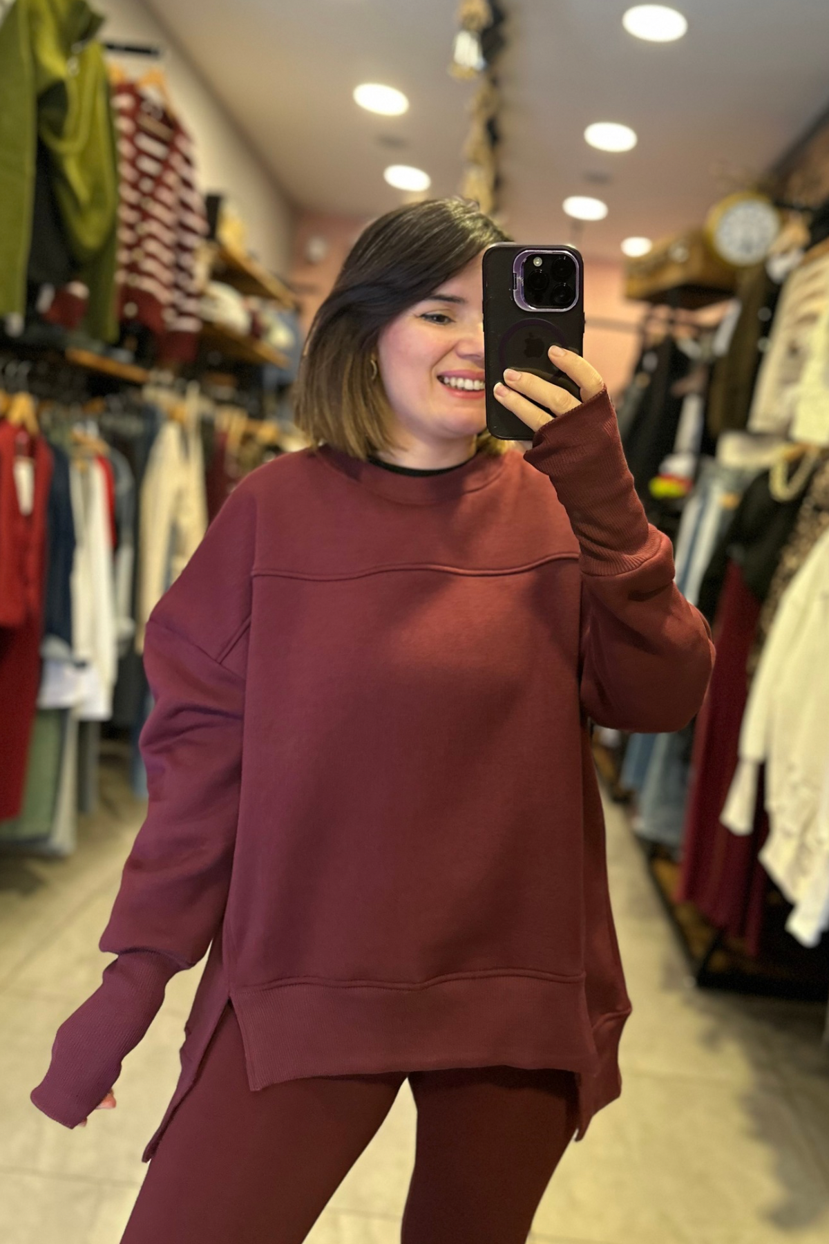 Şardonlu Yırtmaç Detay Sweat - Bordo