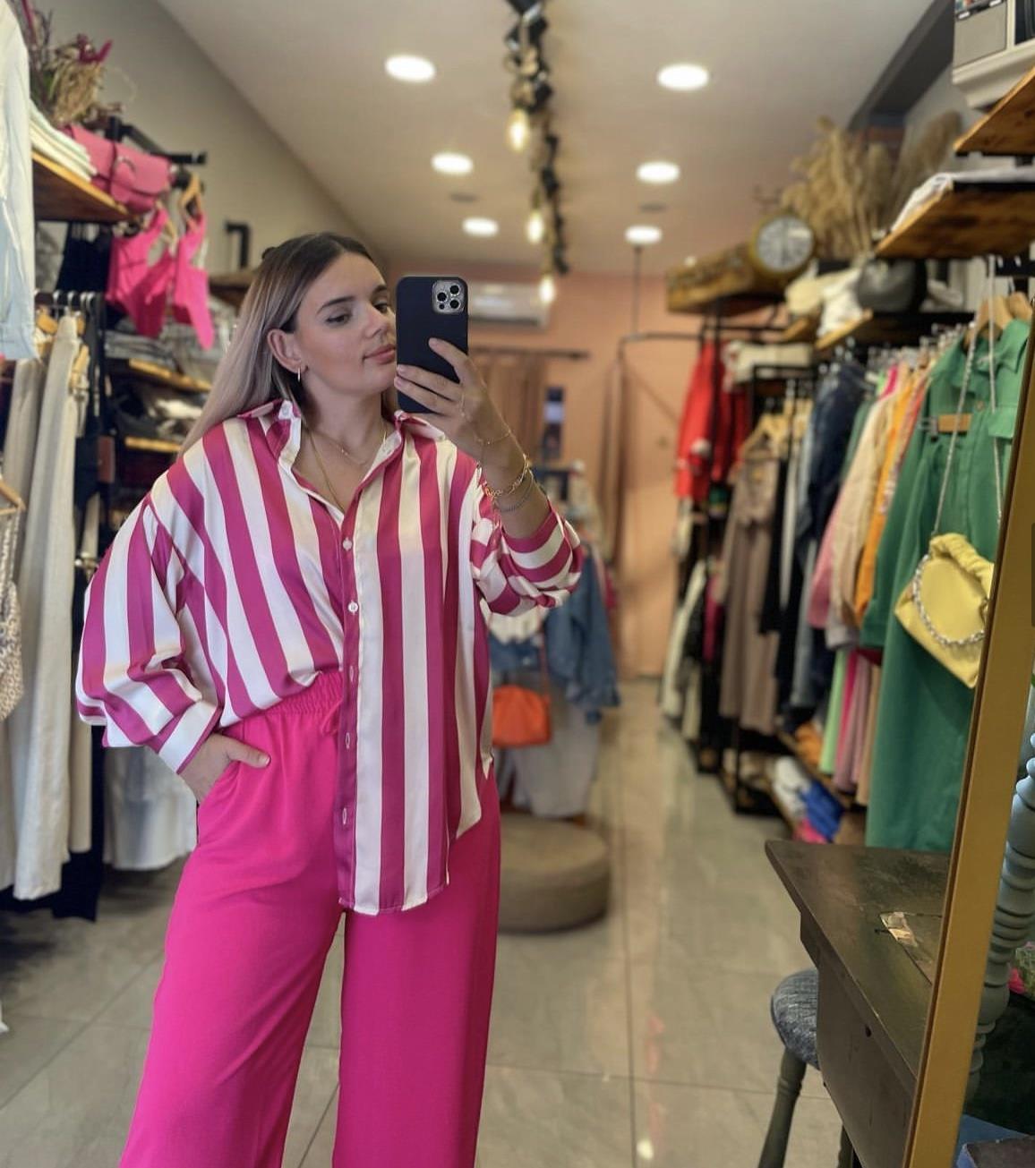 Saten Fuşya Çigili Gömlek