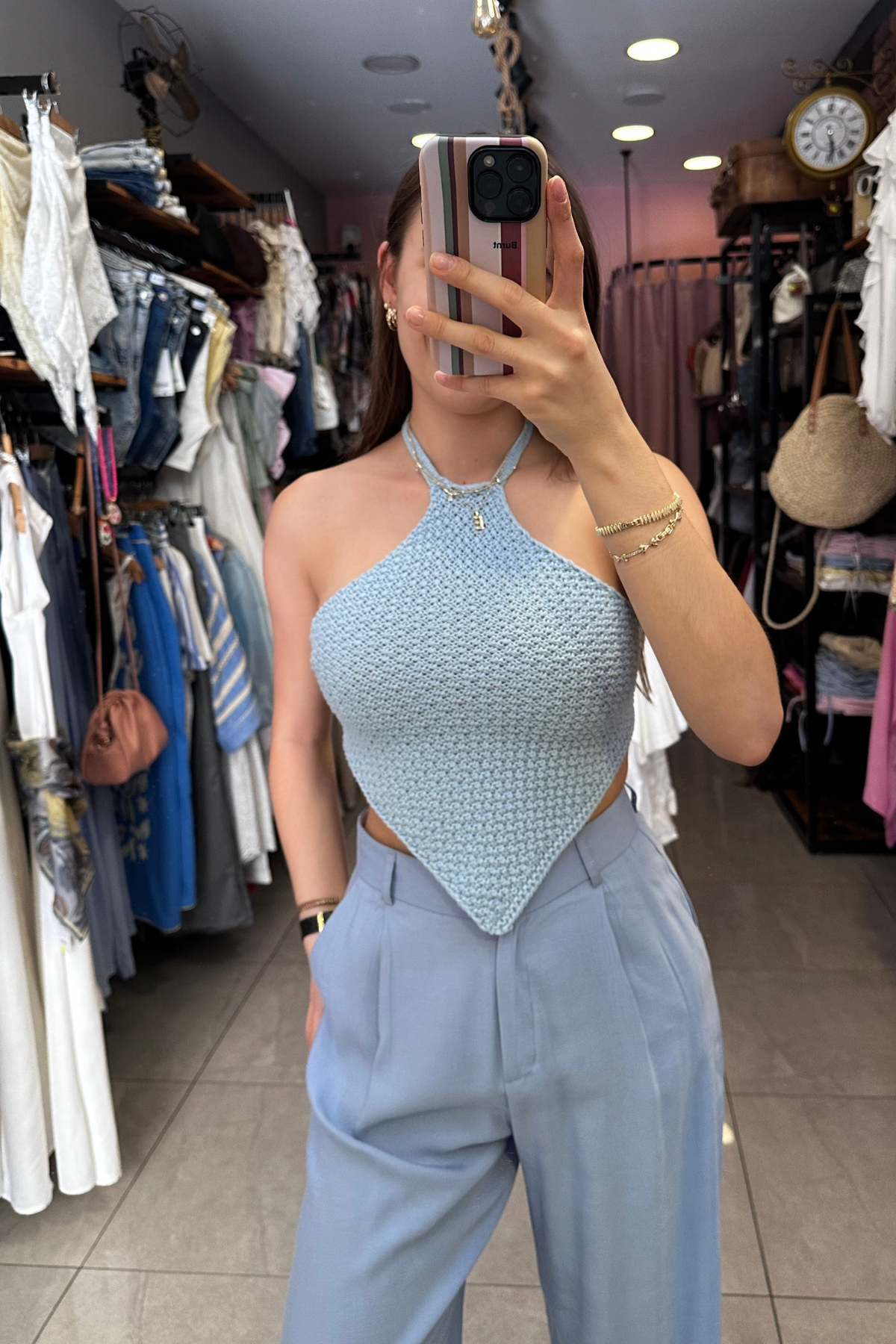 Sırt Dekolteli Örgü Bluz - Mavi