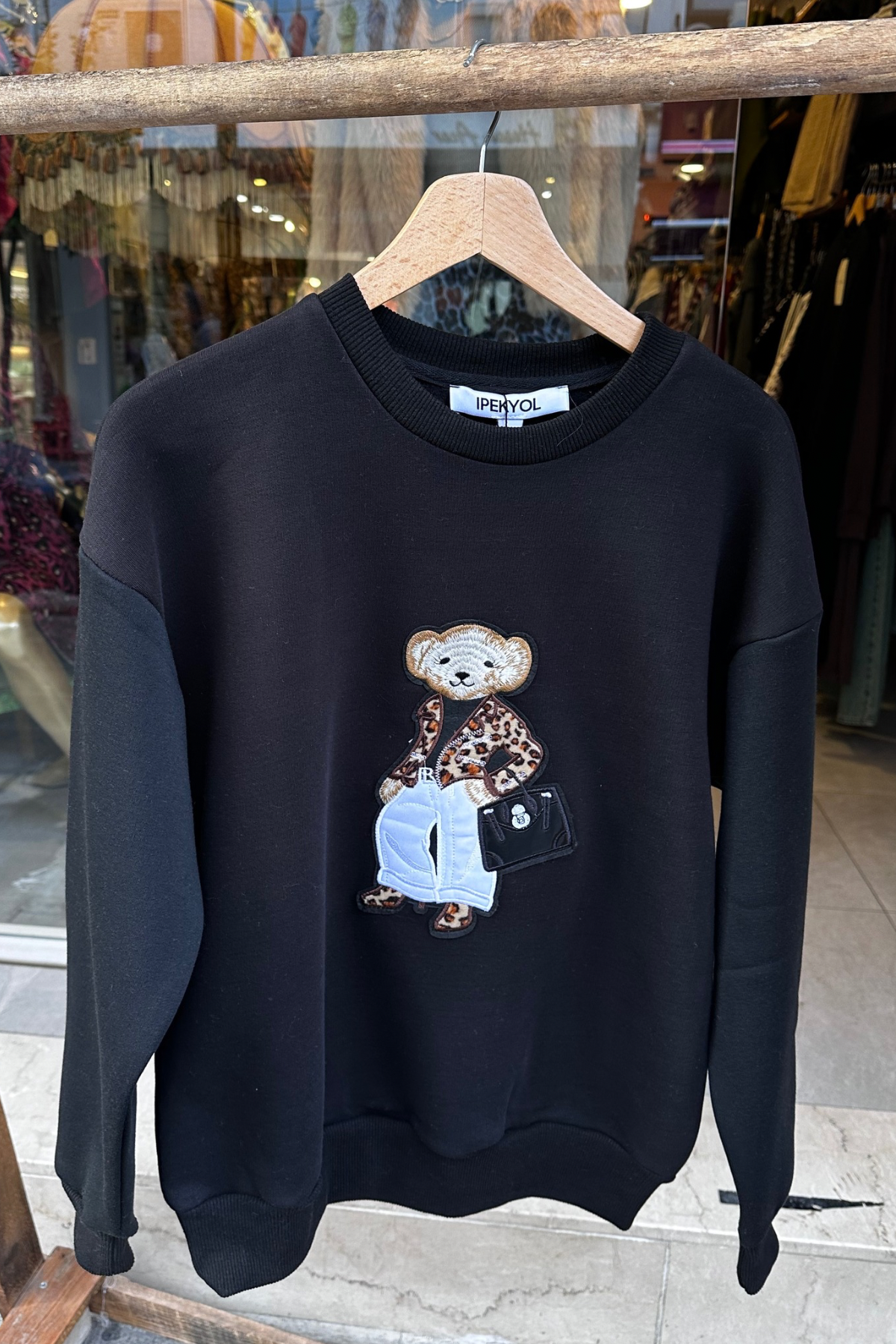 Siyah Teddy Bear Baskılı Sweat