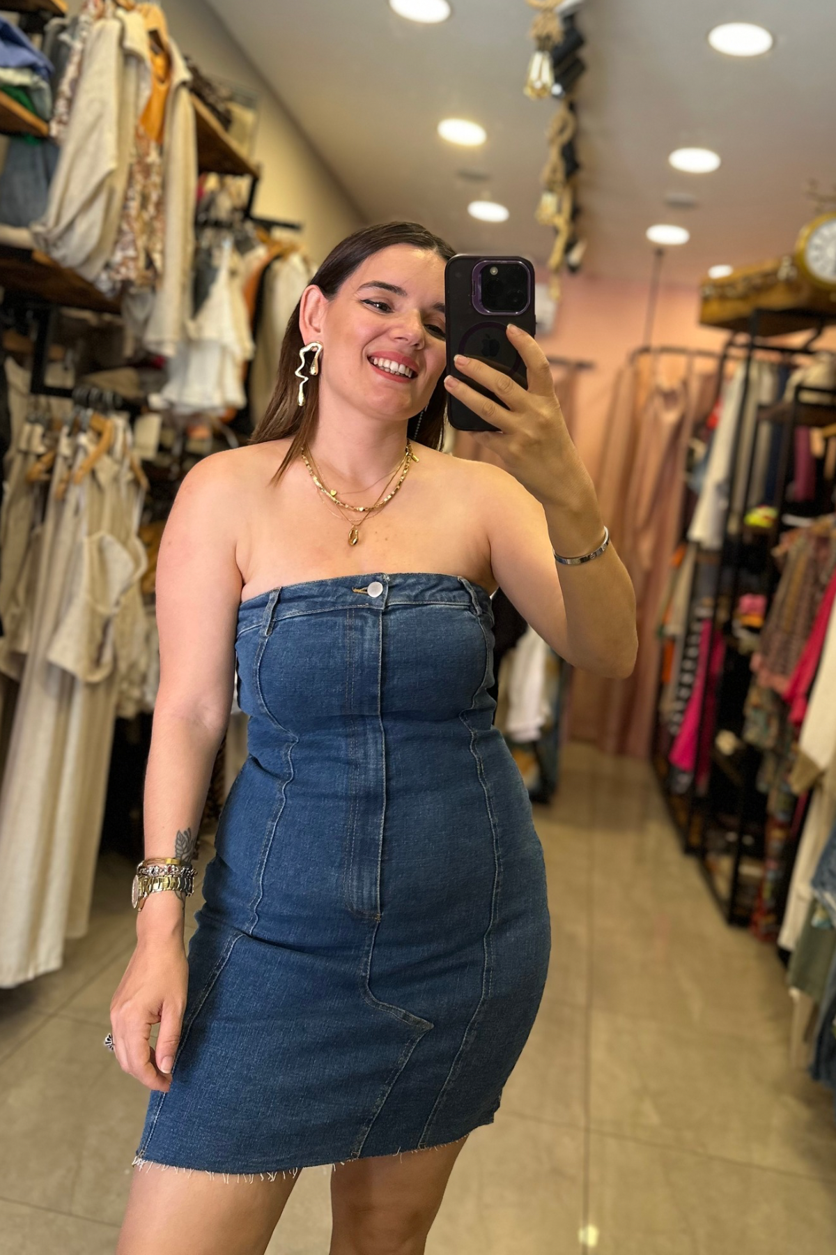 Straplez Jean Likralı Elbise