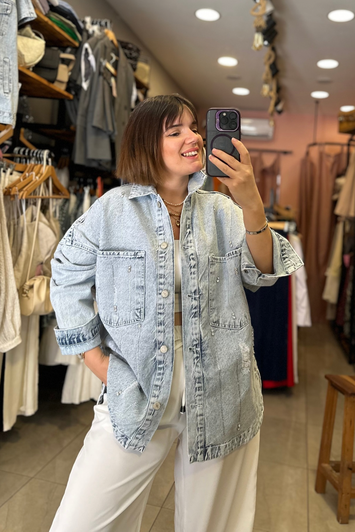 Taş İşlemeli Oversize Denim Gömlek