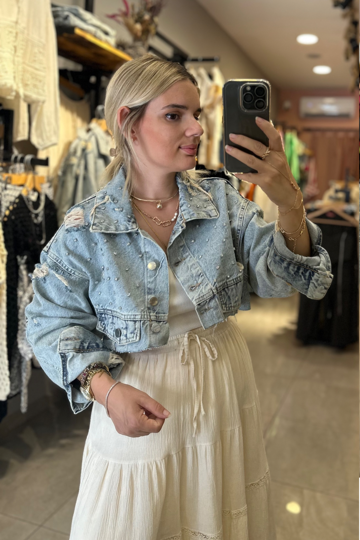 Taşlı crop kot ceket