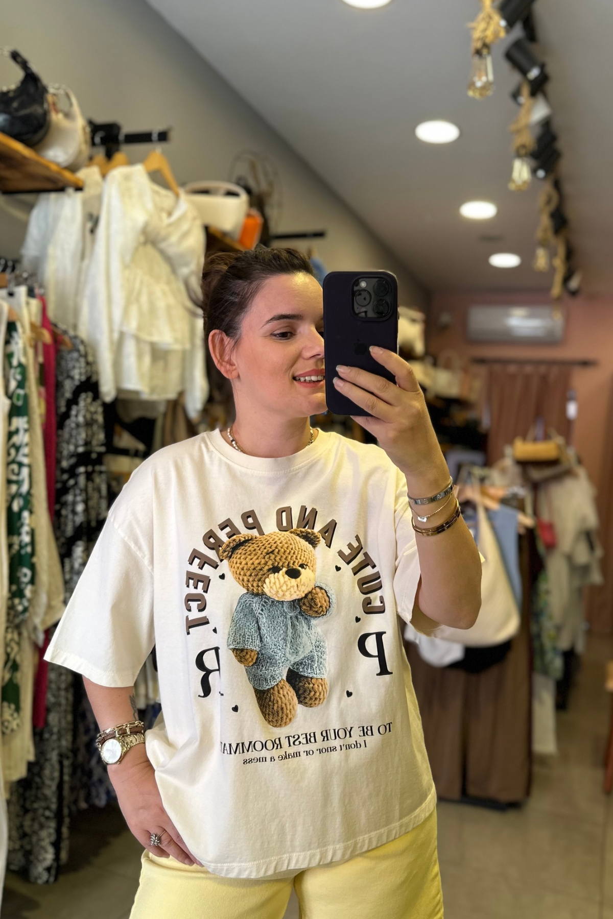 Teddy Baskı Tşört -  Bej