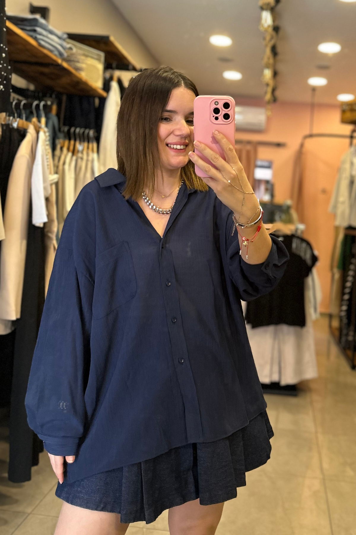 Tek Cep Krinkıl Kumaş Oversize Lacivert Gömlek