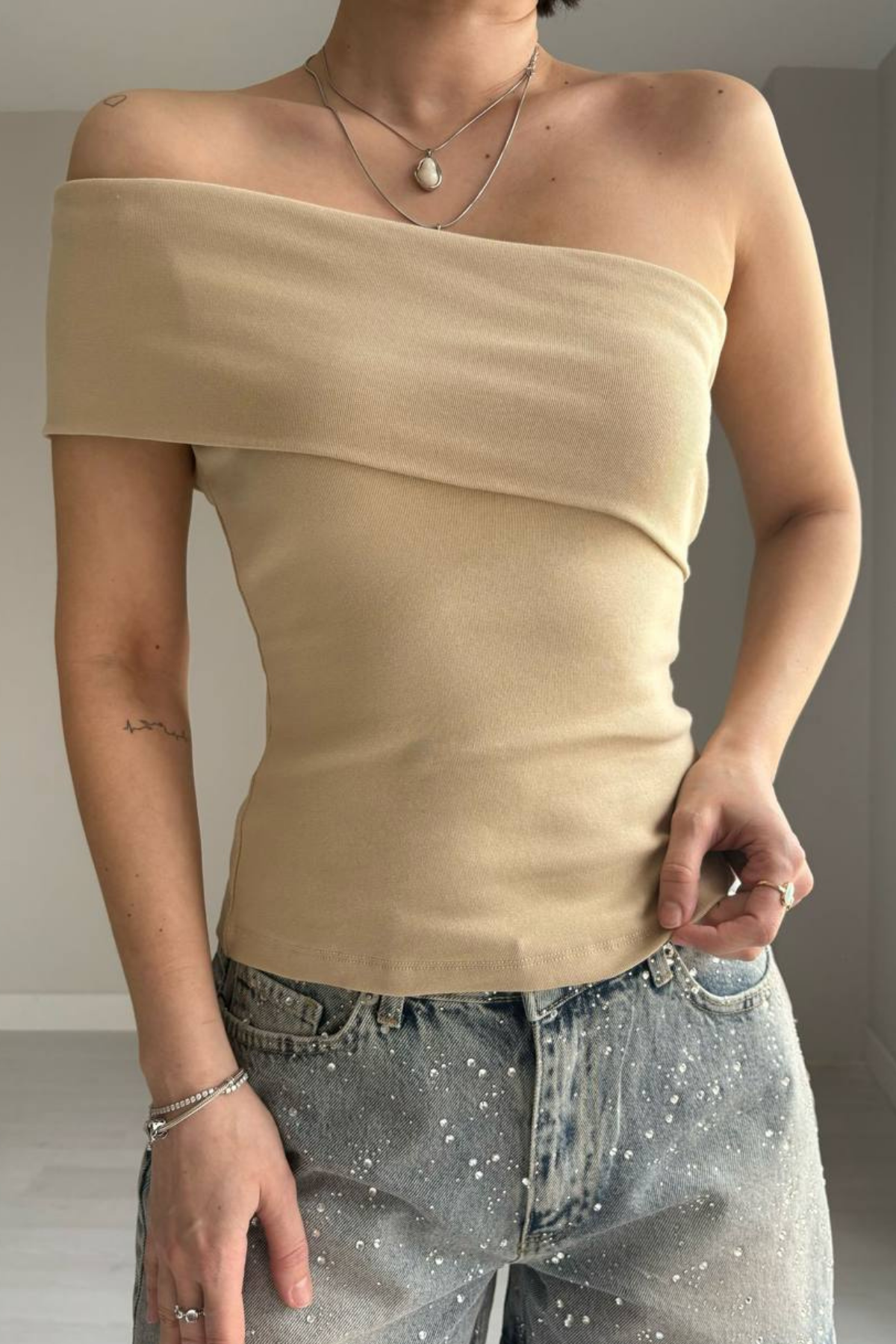 Tek Omuz Bluz - Bej