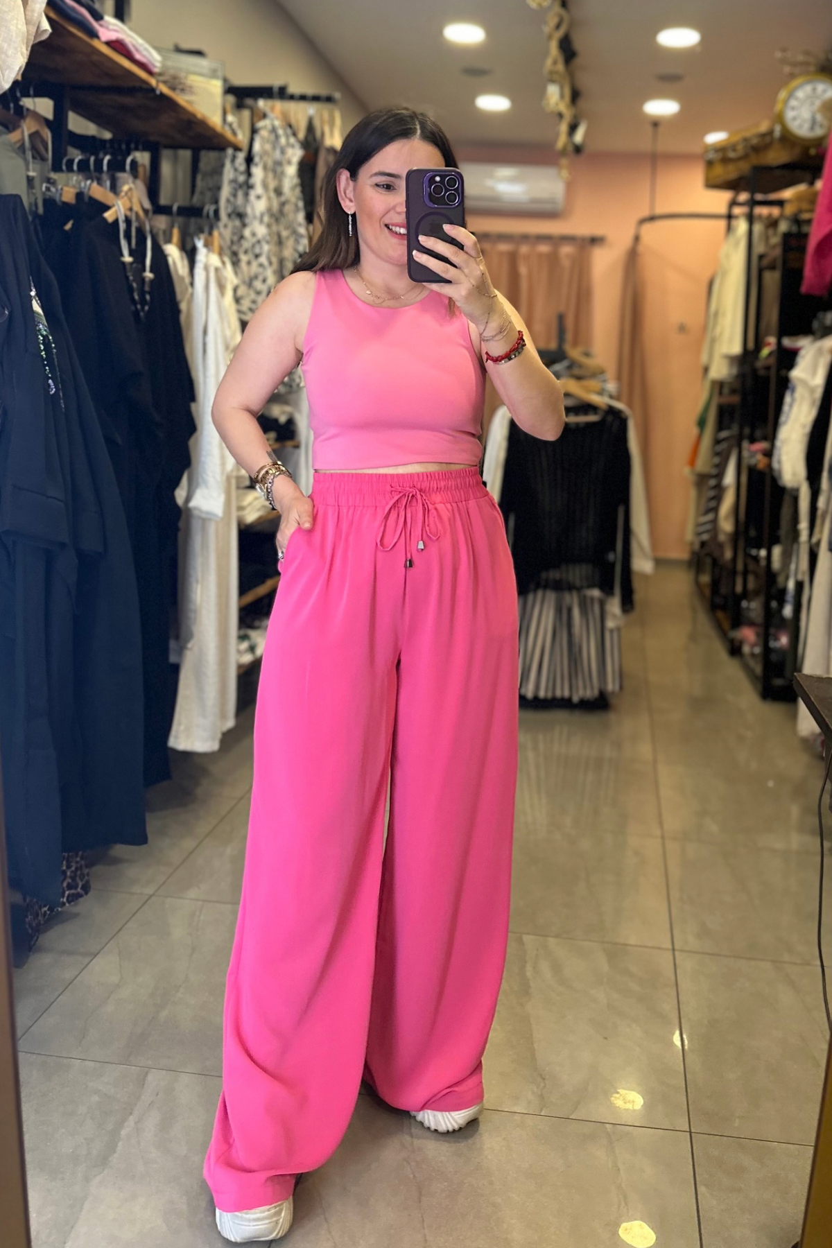 Tensel Kumaş Bel Bağlamalı Palazzo (Pembe)
