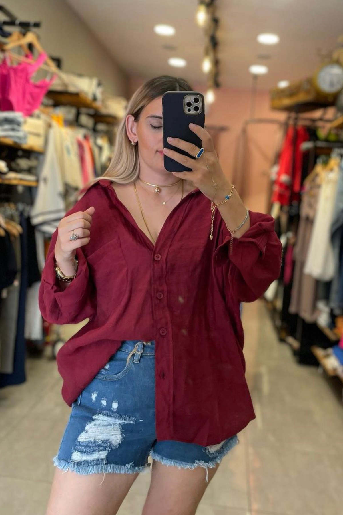 Tensel Kumaş Oversize Gömlek - BORDO
