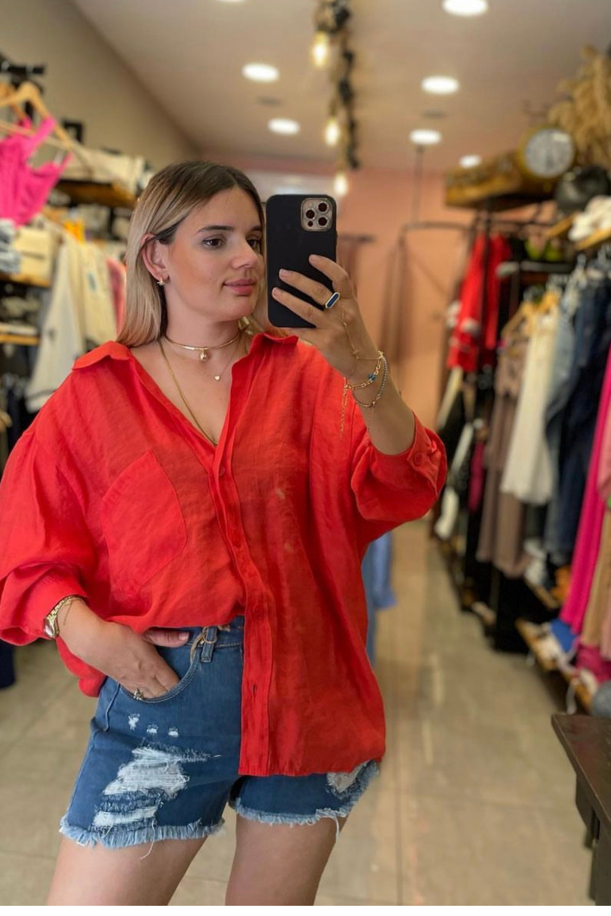 Tensel Kumaş Oversize Gömlek - KIRMIZI