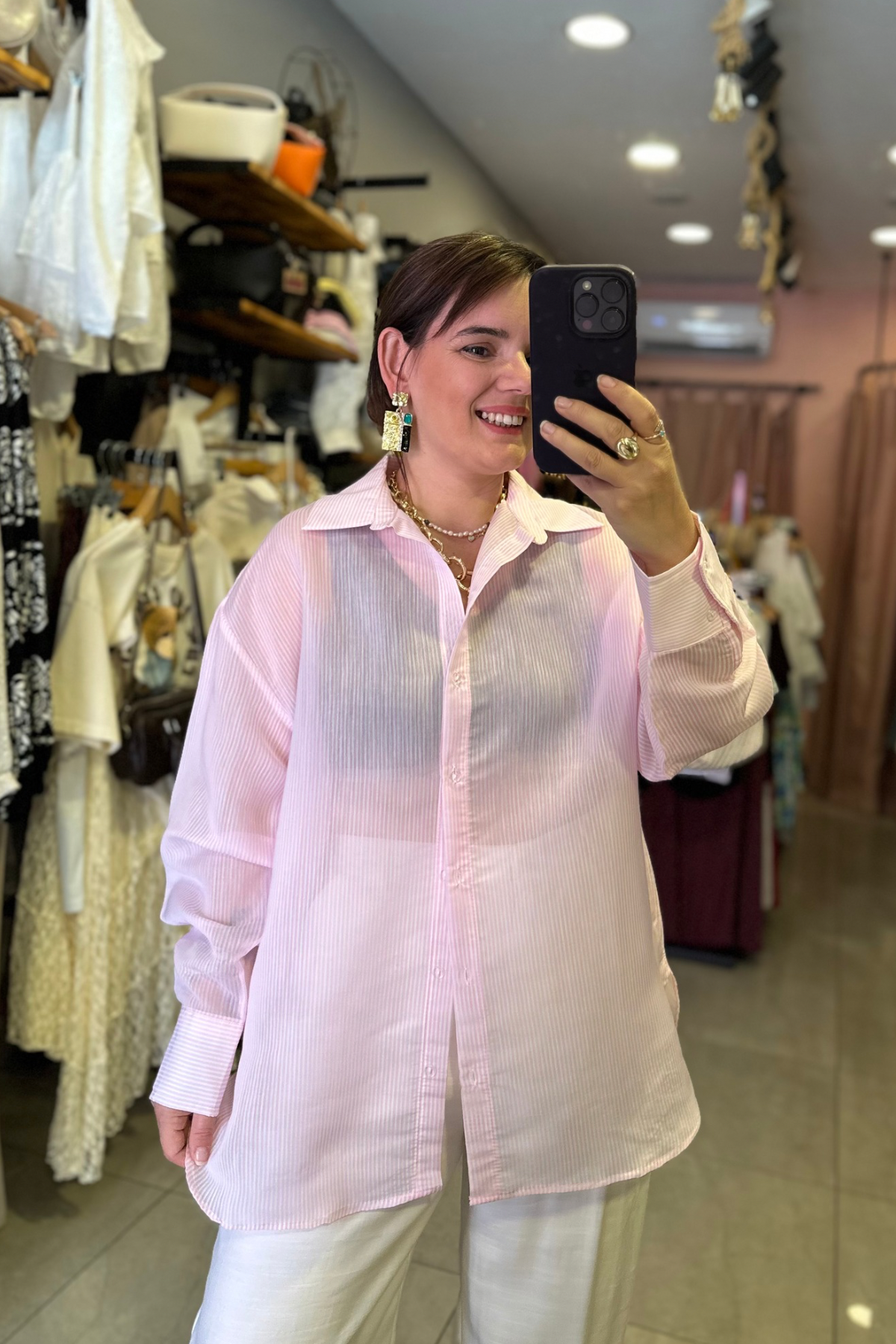 Transparan Kendinden Çizgili gömlek - pembe