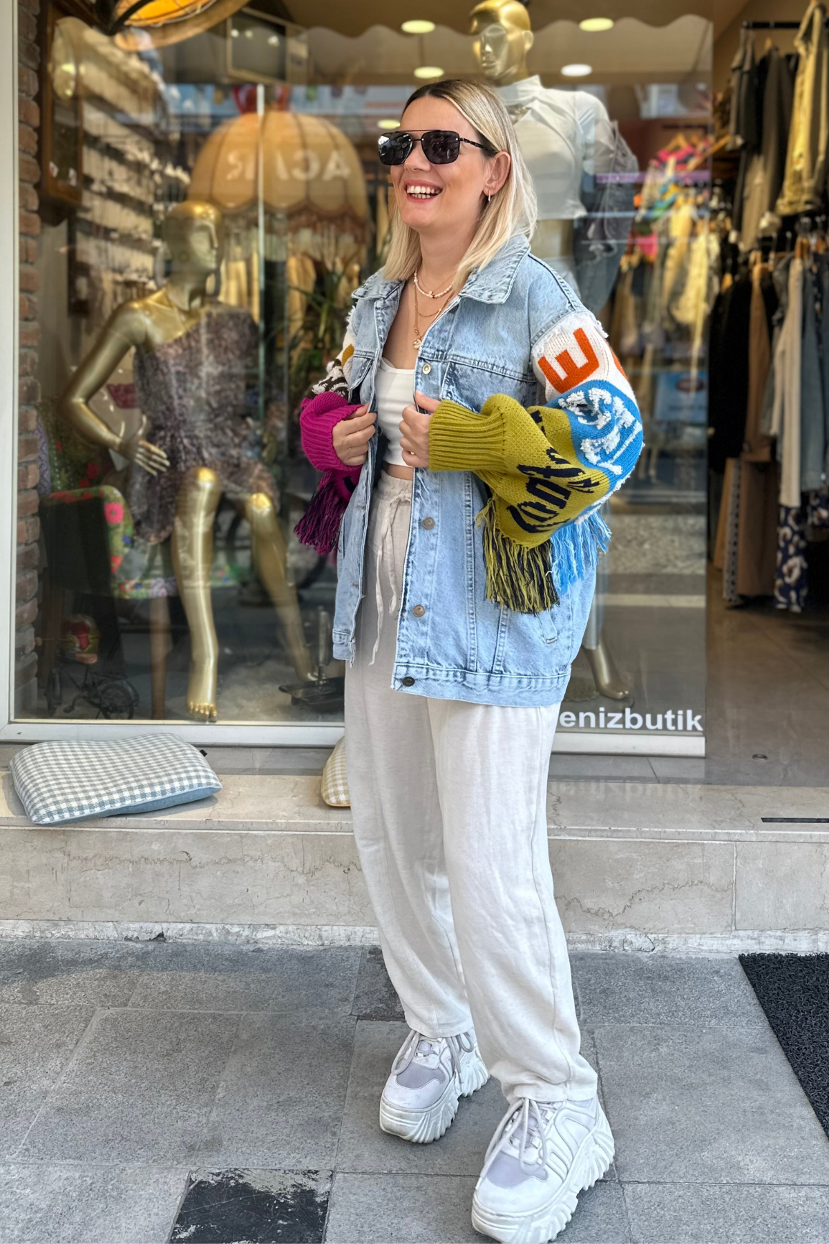 Triko Kol Detay Denim Mont