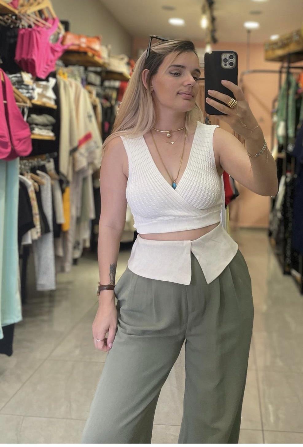 Triko kruvaze yaka crop - EKRU