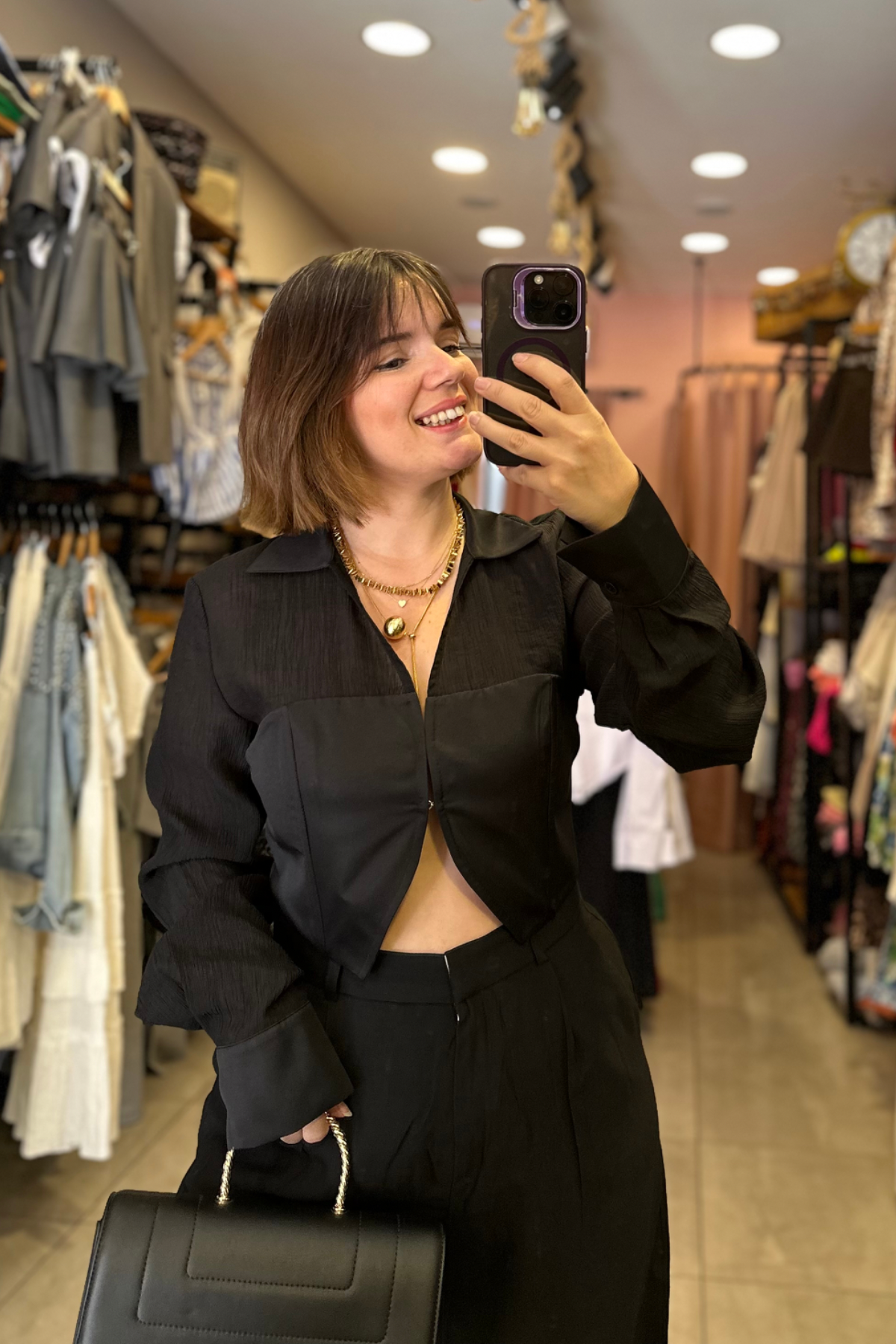 Tül Detay Saten Crop Gömlek - siyah
