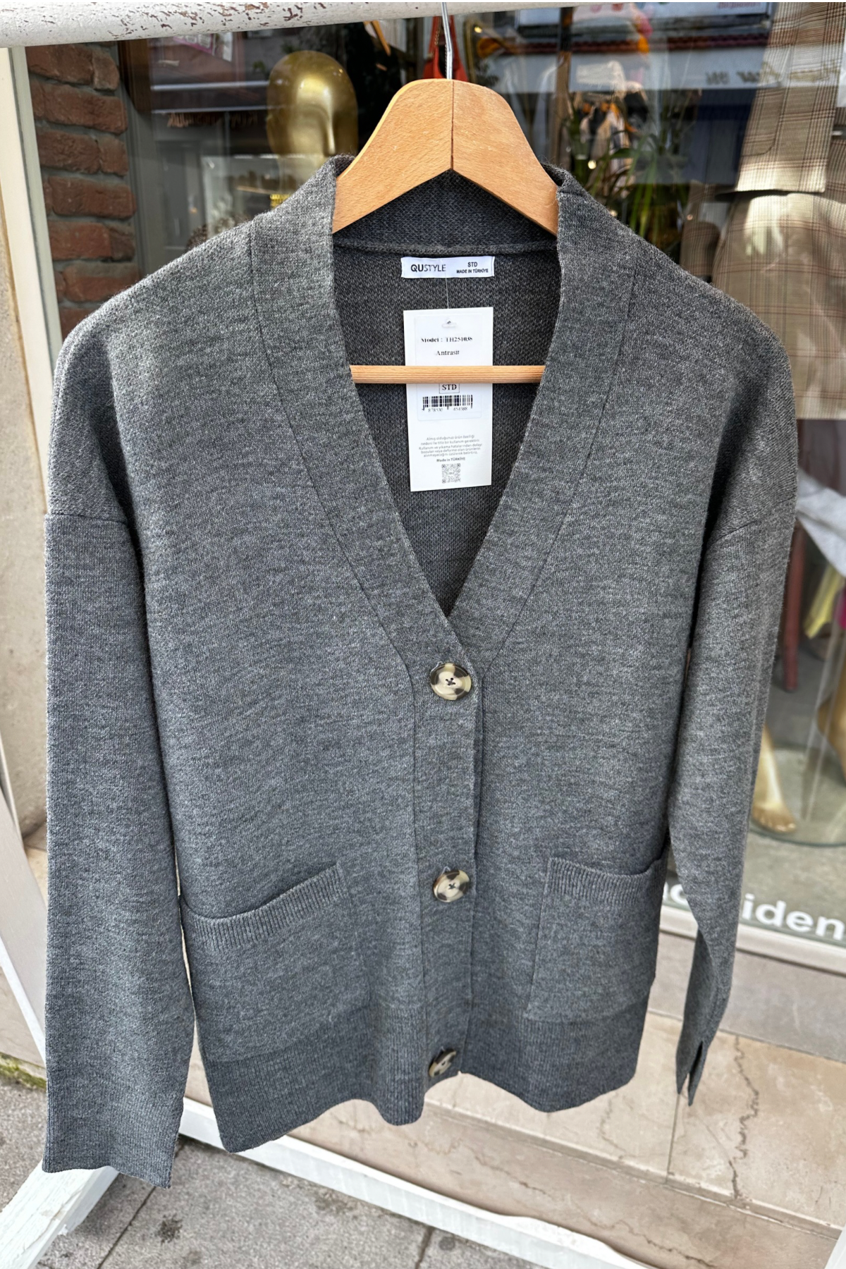 V Yaka Triko Hırka - Gri