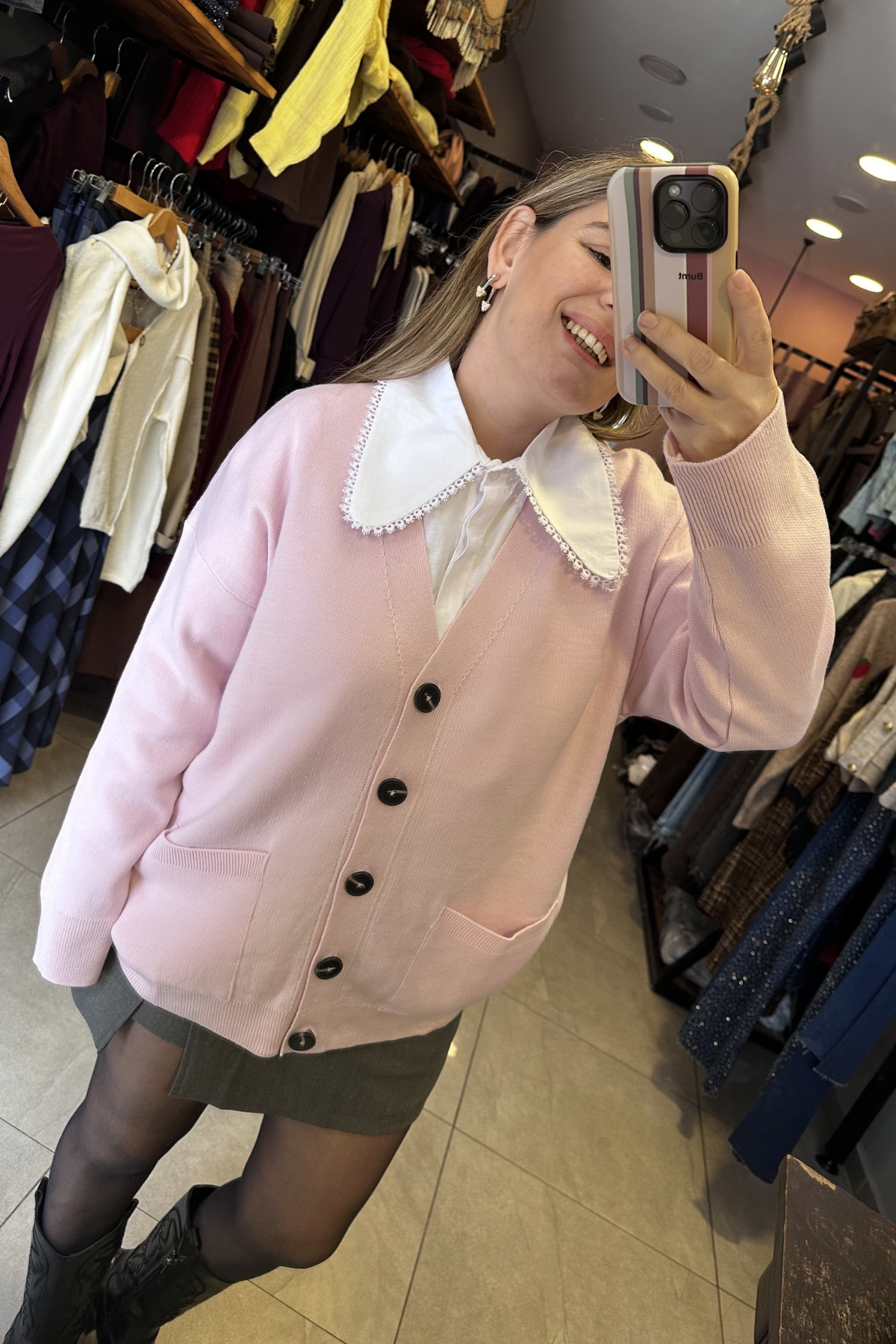 V Yaka Triko Hırka - Pembe