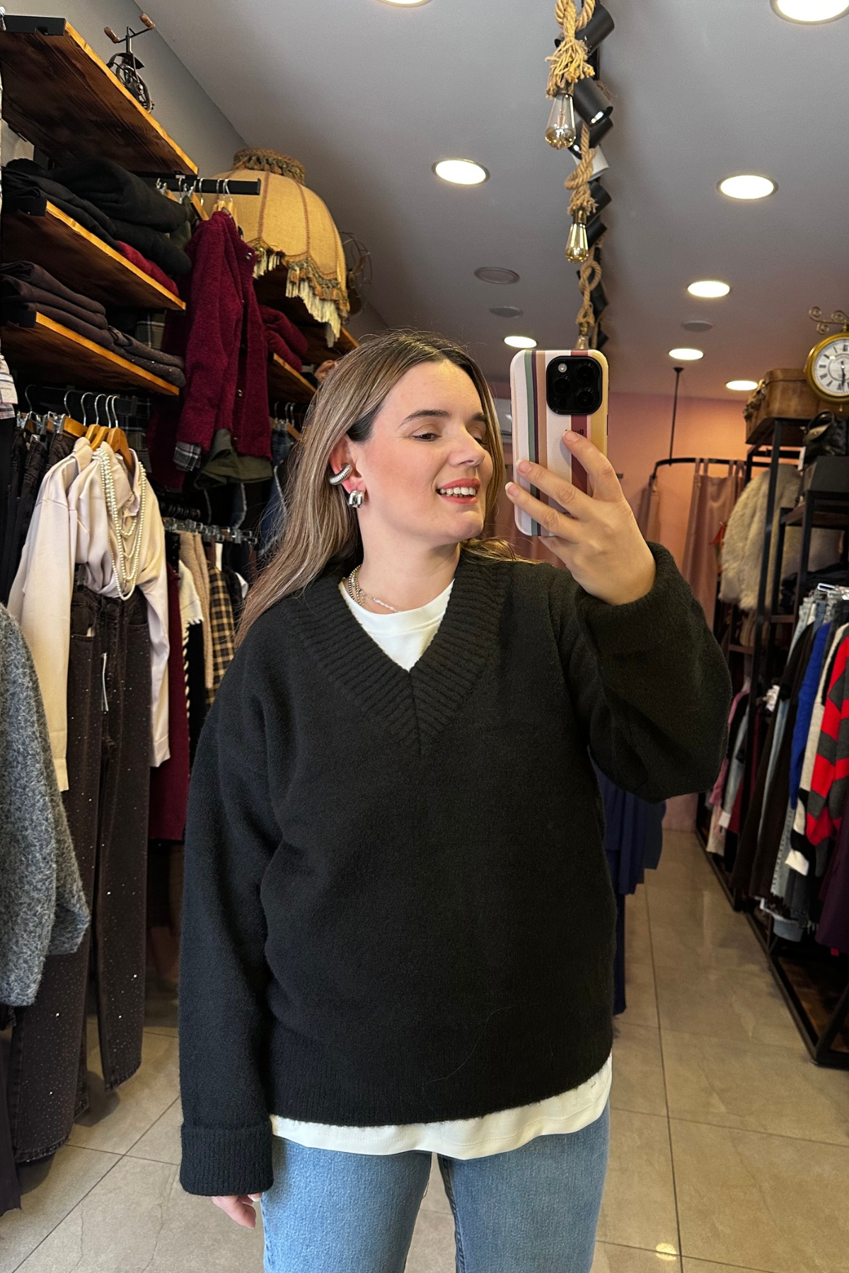 V Yaka Triko Kazak - Siyah