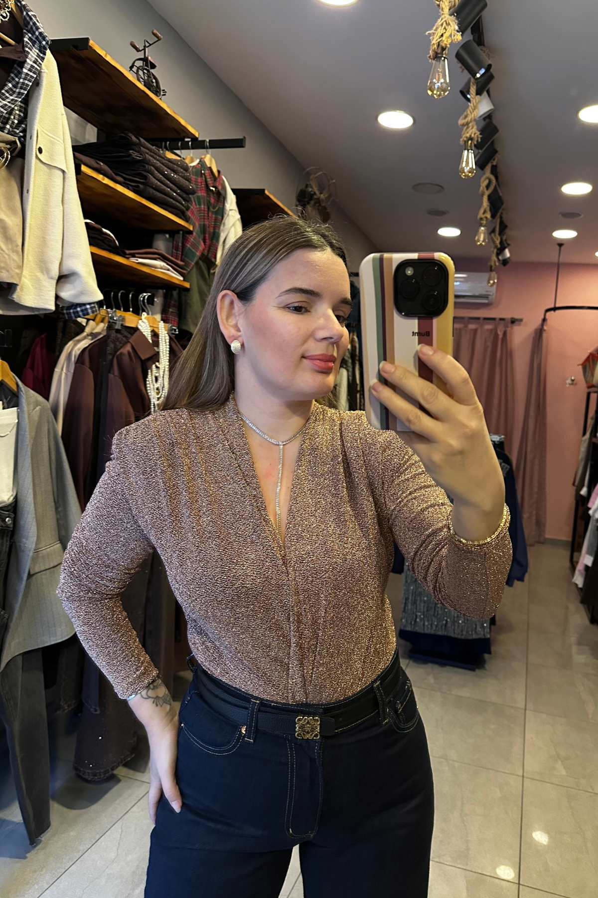 Vatkalı Simli Bodysuit - Bronz